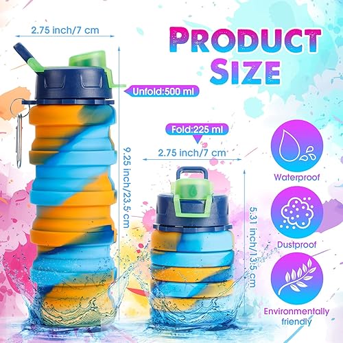 Miniatura 3 de 8 botellas de agua plegables de silicona para viaje, 16 onzas, reutilizables, a prueba de fugas, plegables con clip para camping, senderismo,