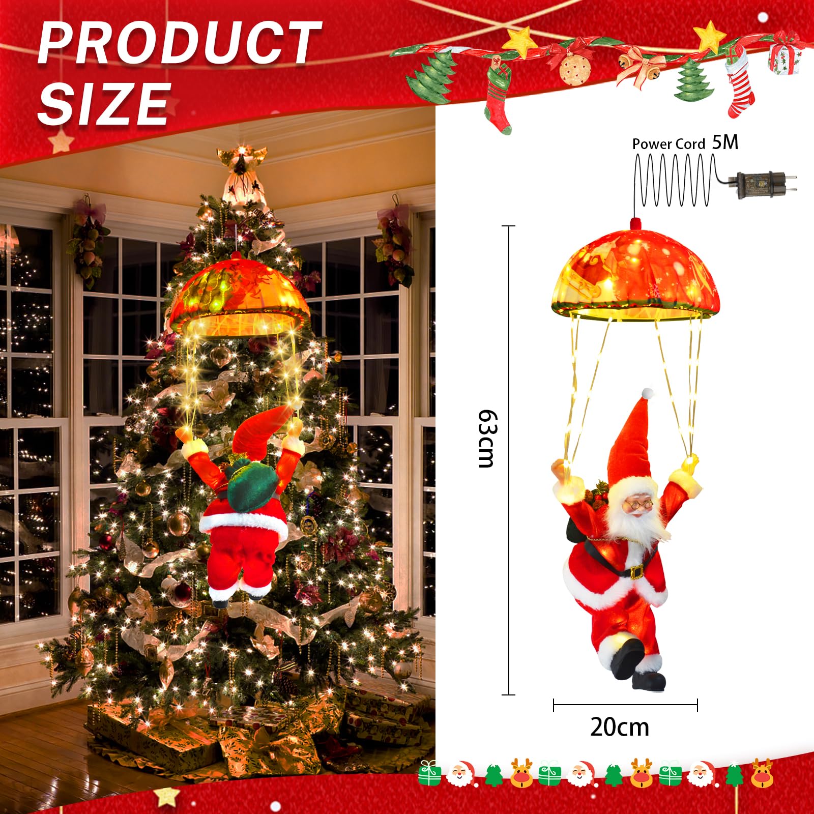 Bowfar Guirnalda de luces de Papá Noel, 8 modos, 70 LED, iluminación navideña para exteriores con Santa, temporizador, mando a distancia, luz blanca cálida, para árbol de Navidad, ventana, decoración