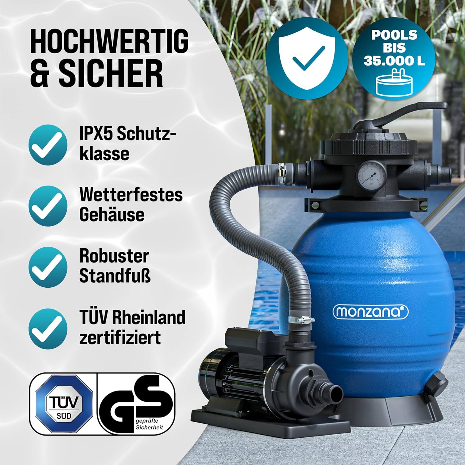 MONZANA® SF102K Sand Filter System 9,960L/h up to 30,000L Pool with Filter Balls, 7-Way Valve, 2-in-1 Adapter, Diameter 32-38 mm, 400 W Filter System, Pump Filter Boiler - Image 4