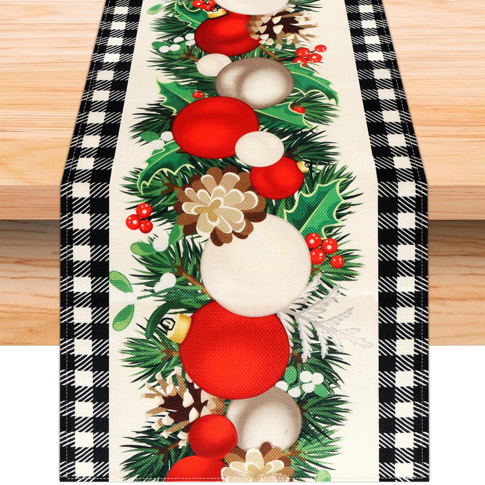 Ajmyonsp72 in Christmas Table Runner, Linen Black and White Buffalo Check Plaid Xmas Ball Winter Table Runners, Christmas Farmhouse Party Decoration Holiday Home Kitchen Dining Room Decor
