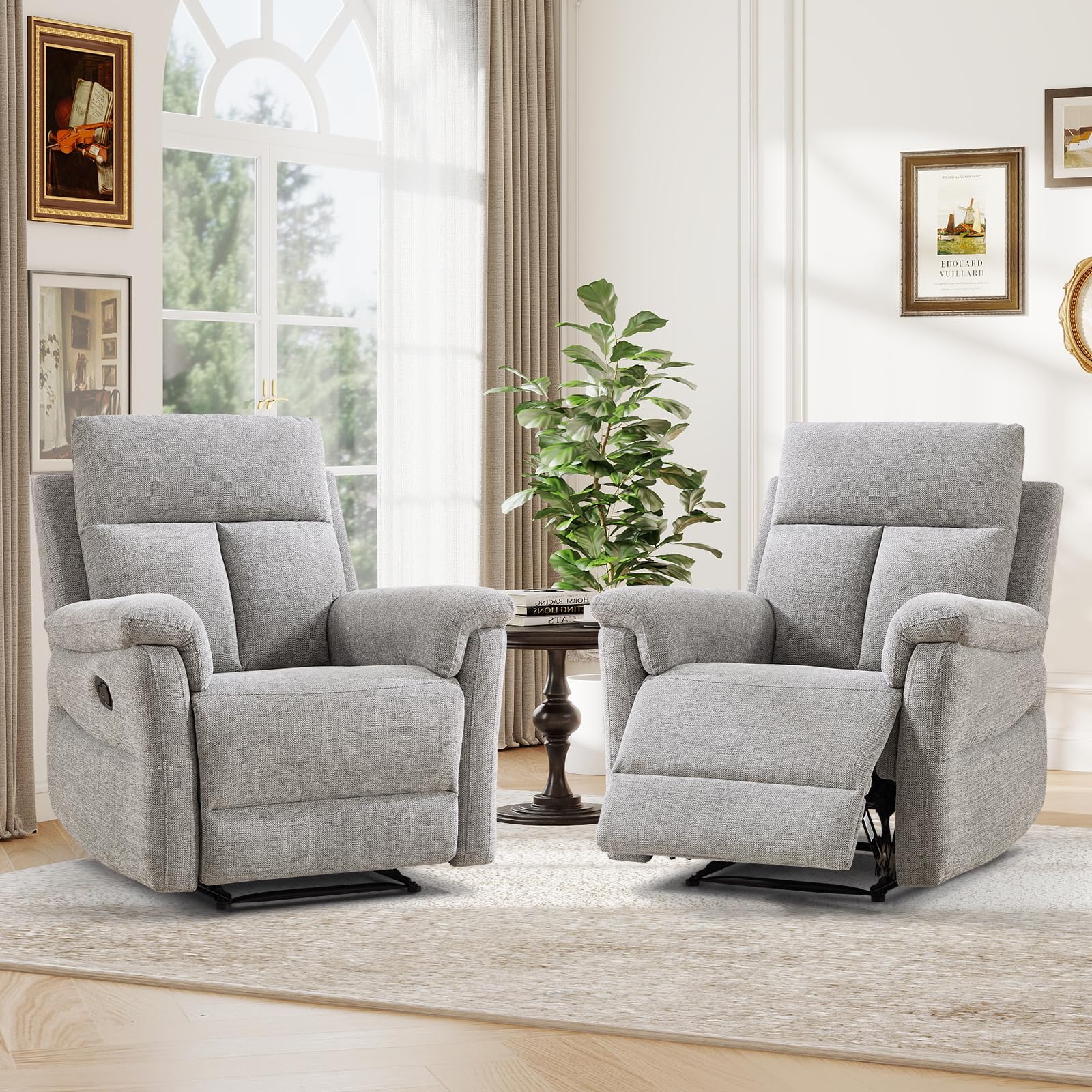 ANJ 2-Piece Manual Recliner Set, 2 Overstuffed Single Reclining Chairs with Padded Armrests and Supportive Backrest, Fabric Recliner Set for Living Room, Bedroom, Light Grey