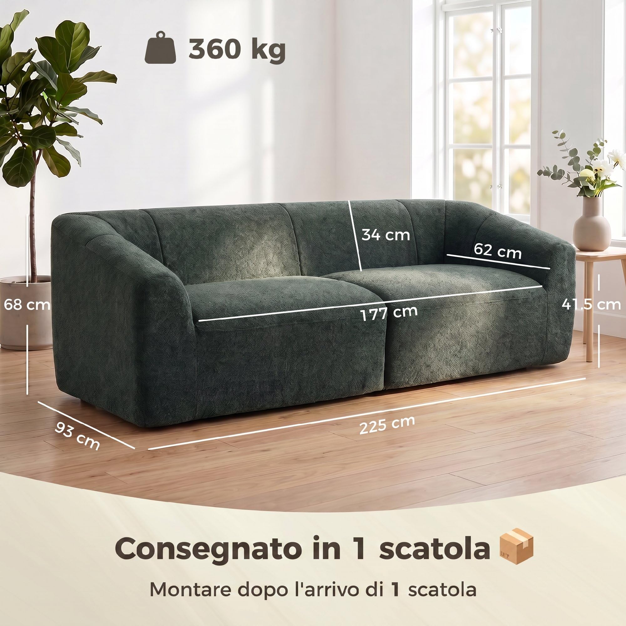 HOMCOM Divano 3 Posti Senza Struttura Seduta Ampia 225x93x68 cm Verde | Imbottitura Spessa, Divano Compresso Moderno in Ciniglia, per Salotto e Soggiorno, Verde Scuro