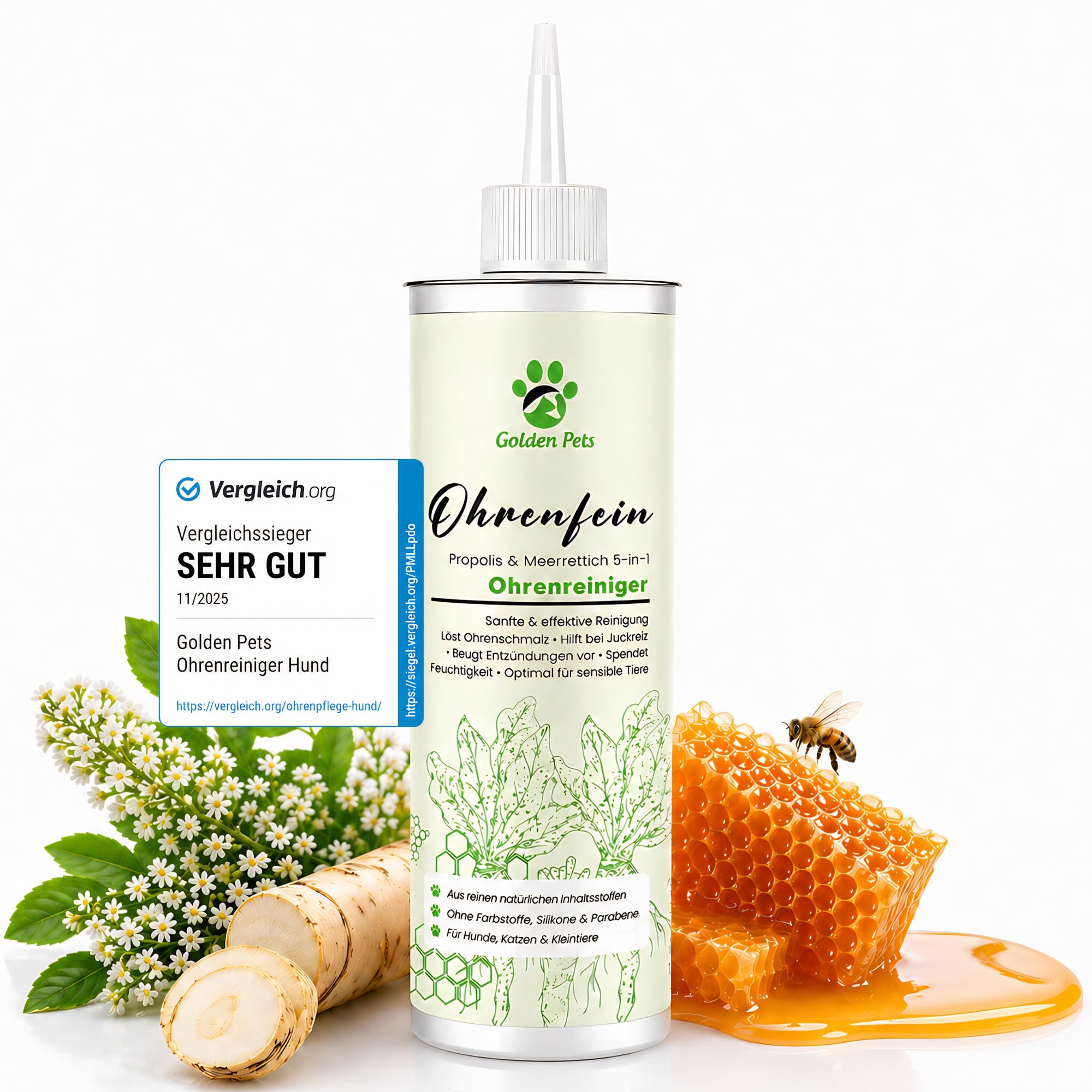 Golden Pets TESTURTEIL SEHR GUT Ohrenreiniger für Hunde & Katzen **VERGLEICHSSIEGER** 100% natürliche Ohrenspülung gegen Juckreiz, Entzündung & Ohrenschmalz I Ohrenpflege, 250ml