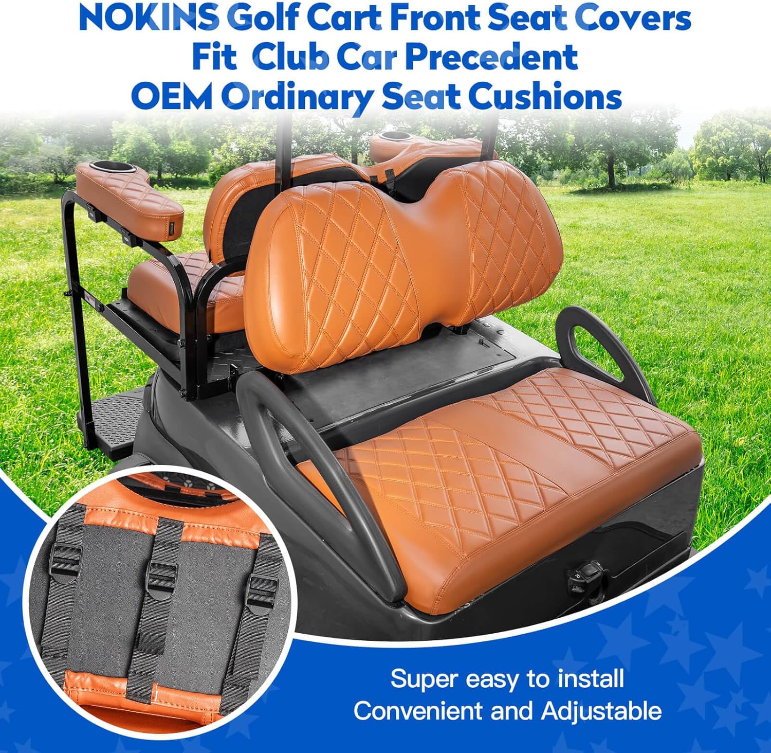 NOKINS Golf Cart Seat Covers for Club Car Precedent, Vinyl Front&Rear Seat Cover with Flip-Up Armrests kit, with Cup Holder, for 1" Square Tube (All Brown)