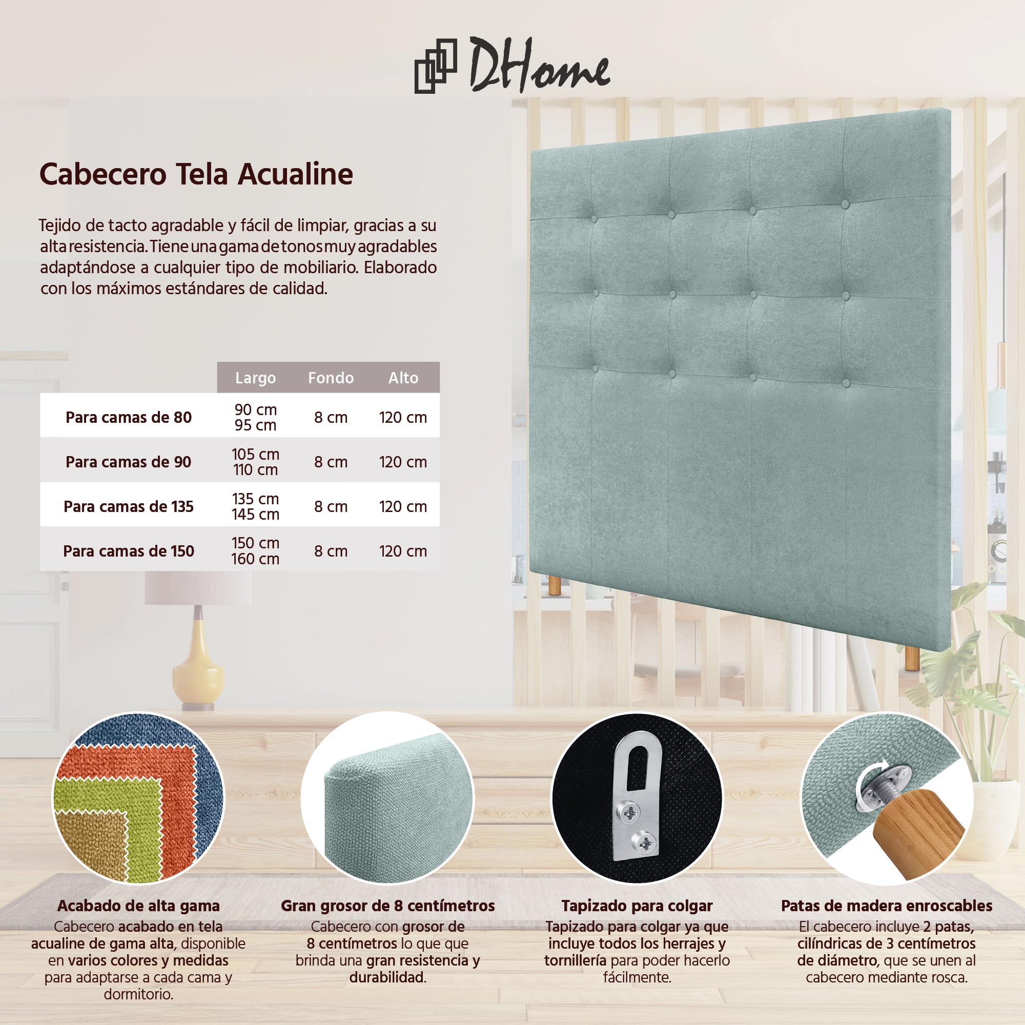 DHOME Testiera Capitonné Fino a Terra Testiera Imbottita 8cm ACUALINE in Tessuto e Similpelle per Letto Camera da Letto (135x120cm (120/135), Tessuto Verde Acqua)