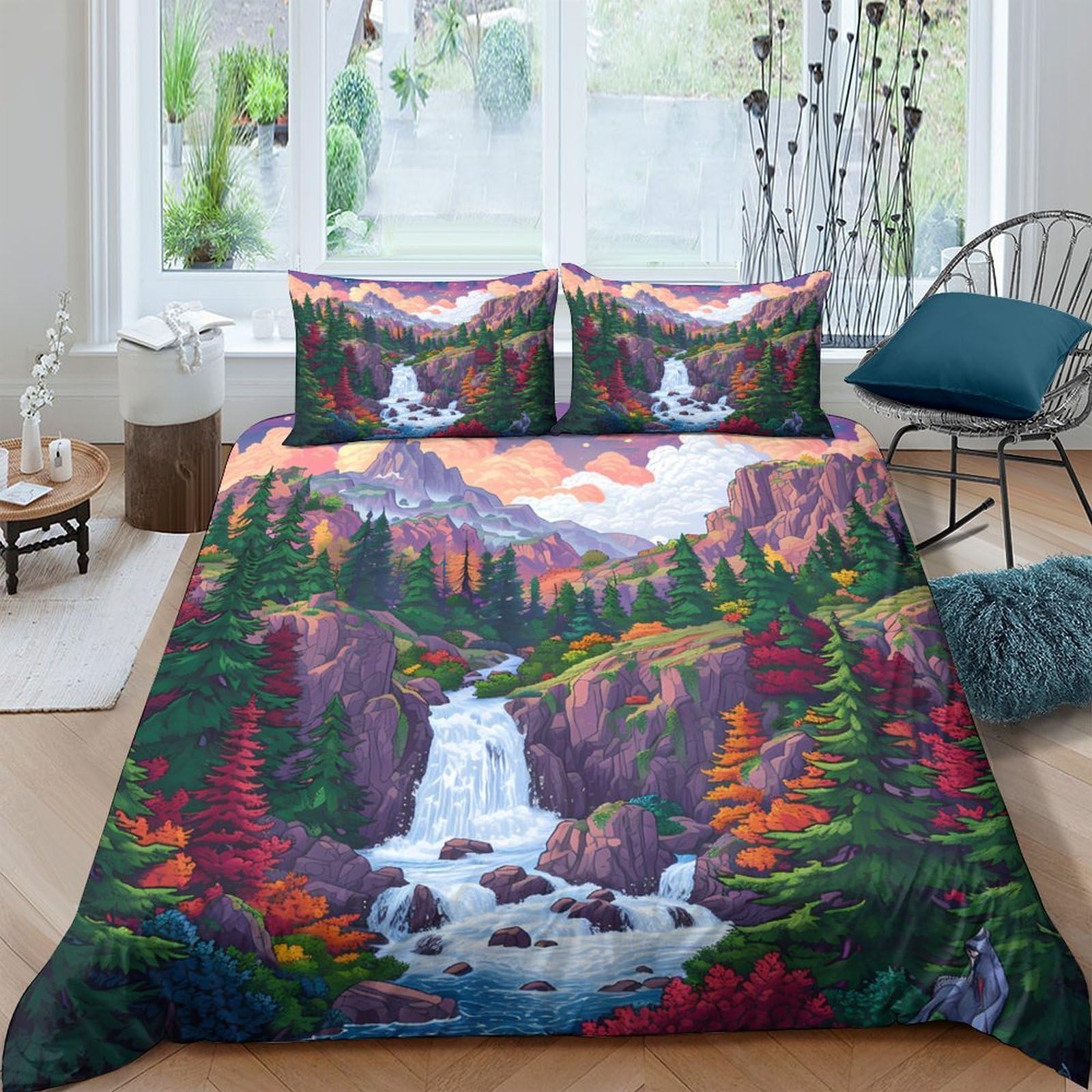 Ctjqhvkz Style-6 3D Printed Waterfall Forest Fitted Sheet Microfiber Nature Landscape Bed Sheet For Bedroom Guest Room Decor Single（135X200cm）