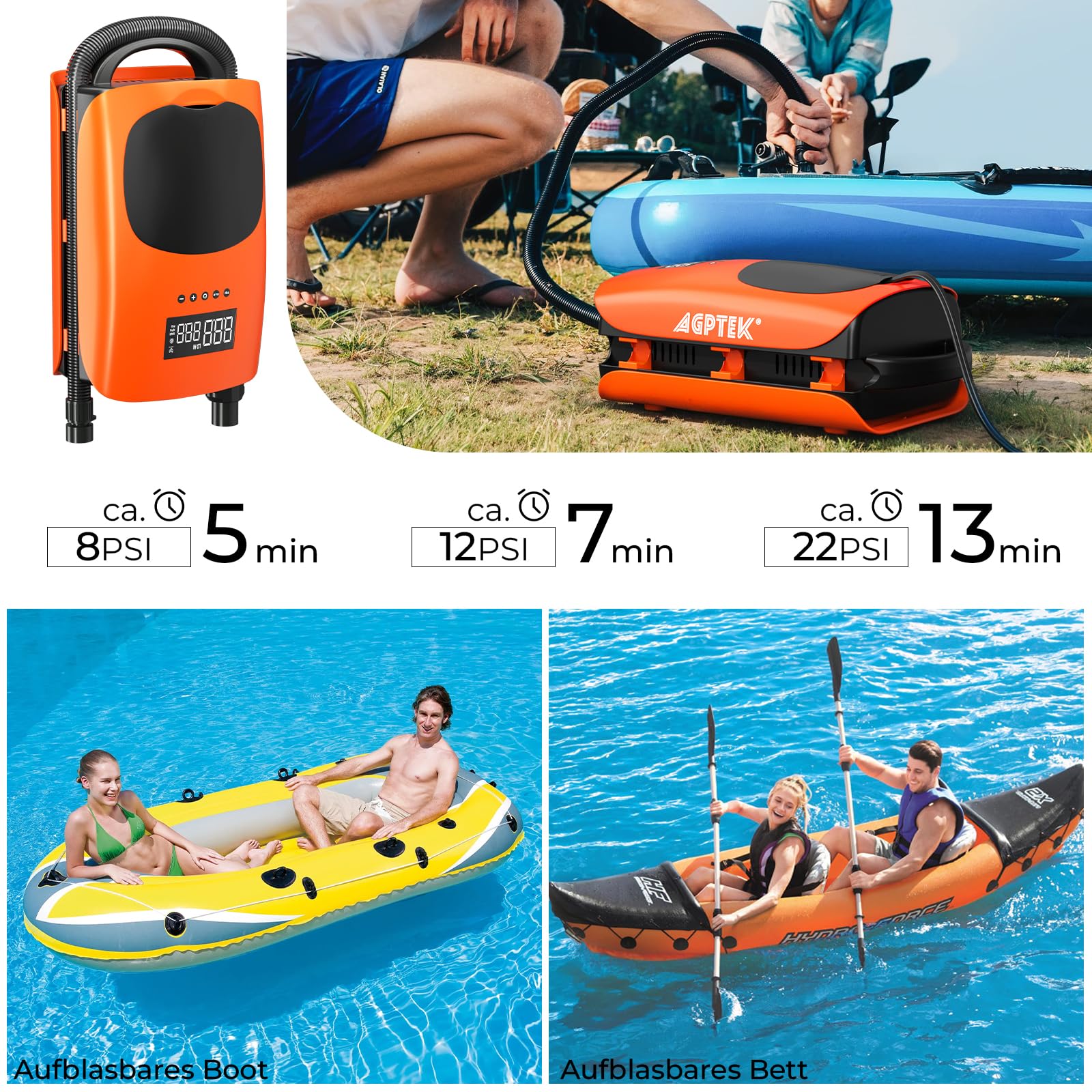 AGPTEK 22PSI SUP Pumpe Elektrisch, tragbare SUP Board Pumpe, Aufblas- und Entleerungsfunktion Auto-Off &12V DC Autoanschluss Zweistufig für aufblasbare Stand up Paddle Boards, Boote, Kajak