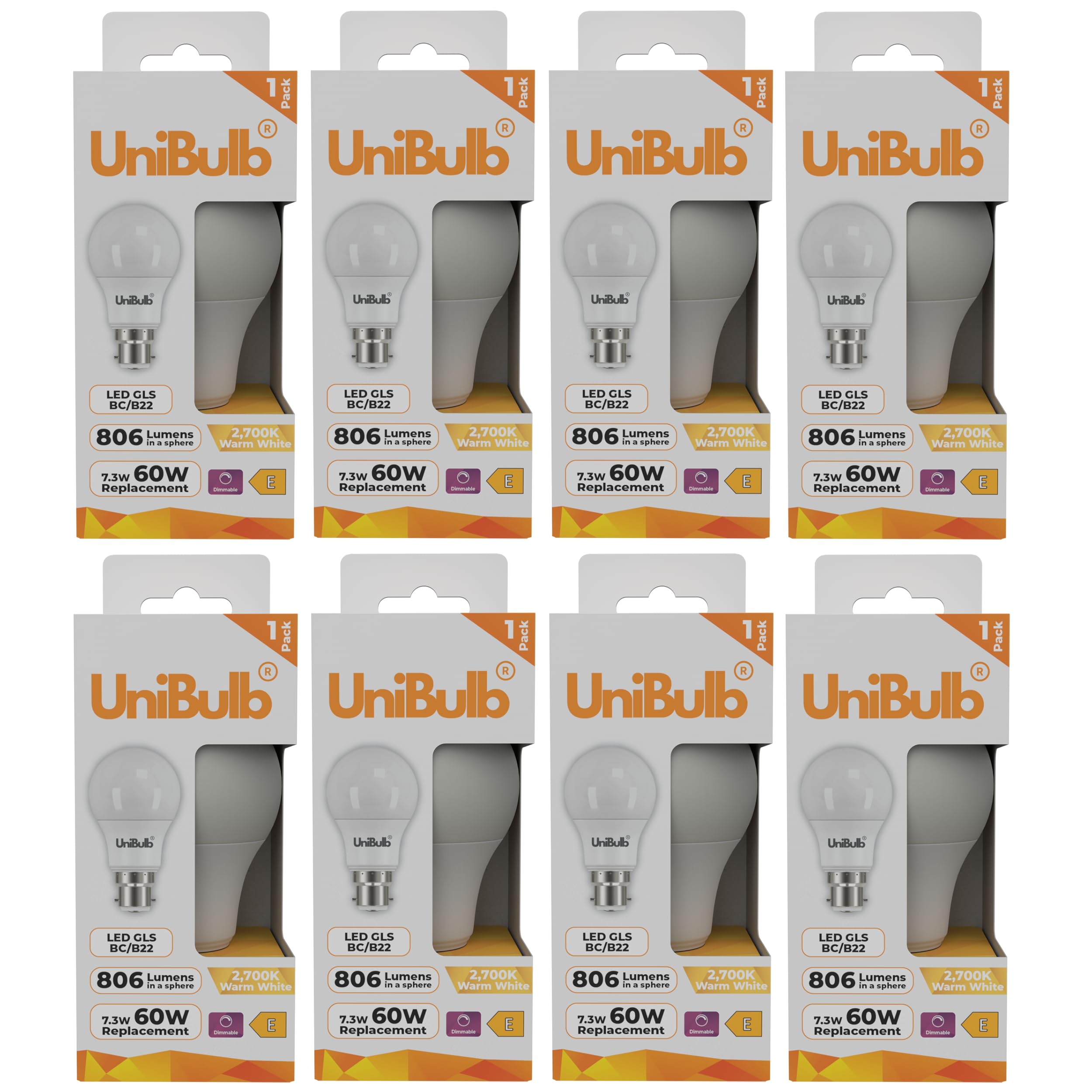 Unibulb BC / B22 / Bayonet LED Light Bulb, GLS, 7.3W, 806 Lumens, 2700K Warm White, Replaces 60W, 25yr Lifespan, Dimmable (8)