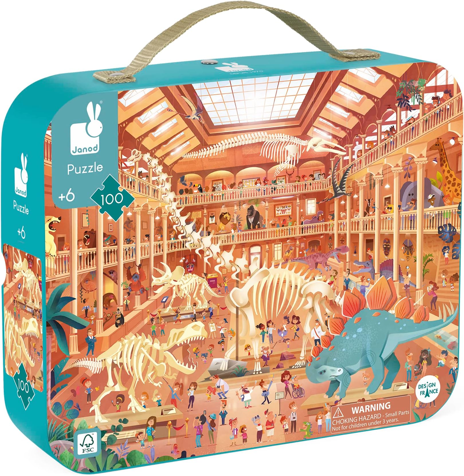 Janod100 Piece Children’s Jigsaw Puzzle - Natural History Museum - Giftable Carrying Case with Fabric Handle - Learning and Exploration - Ages 6-10 Years - J02537