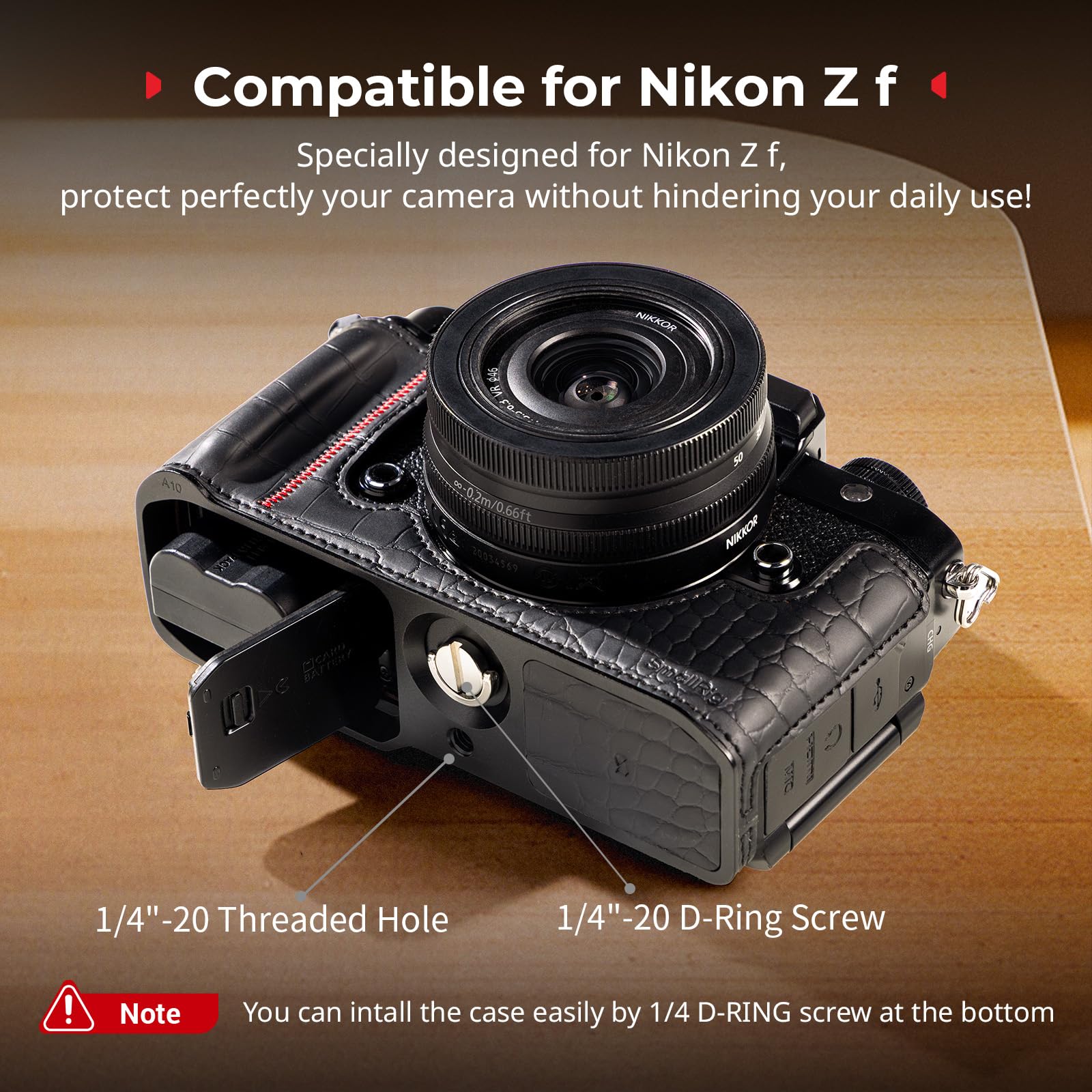 SMALLRIG Kit Custodia per Nikon Z f, Custodia Vintage in Similpelle, con Impugnatura Migliorata, Fodera in Microfibra Antigraffio, Telaio in Lega di Alluminio, Tracolla, Nero - 5095