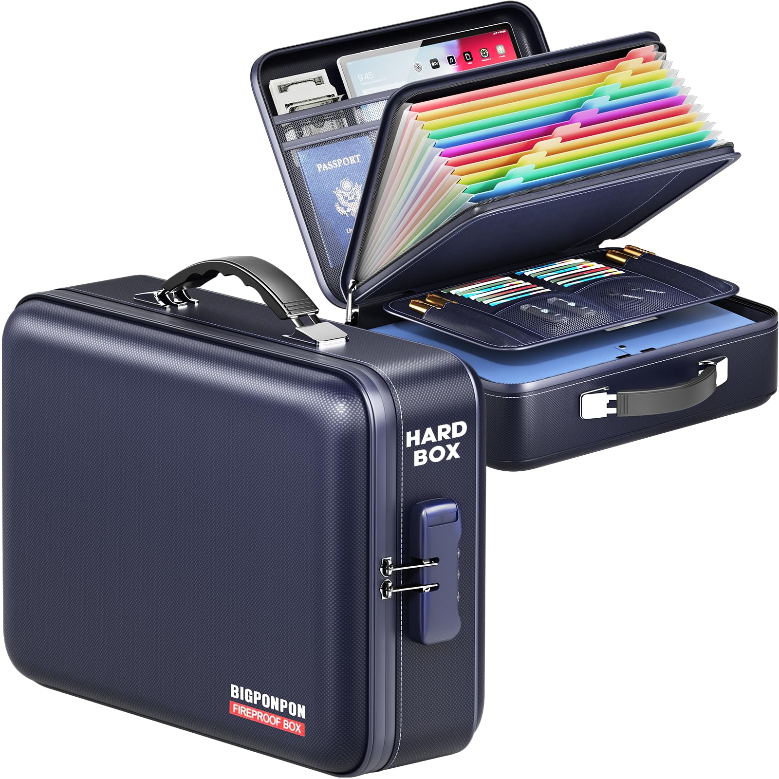 BigPonPon Fireproof Document Box, Hard Case Highly Flame-Resistant Fire Proof Waterproof File Organizer with Lock, Portable Fire Safe for Important Documents & Valuables Storage (Blue, 14"*11"*5") — image 1