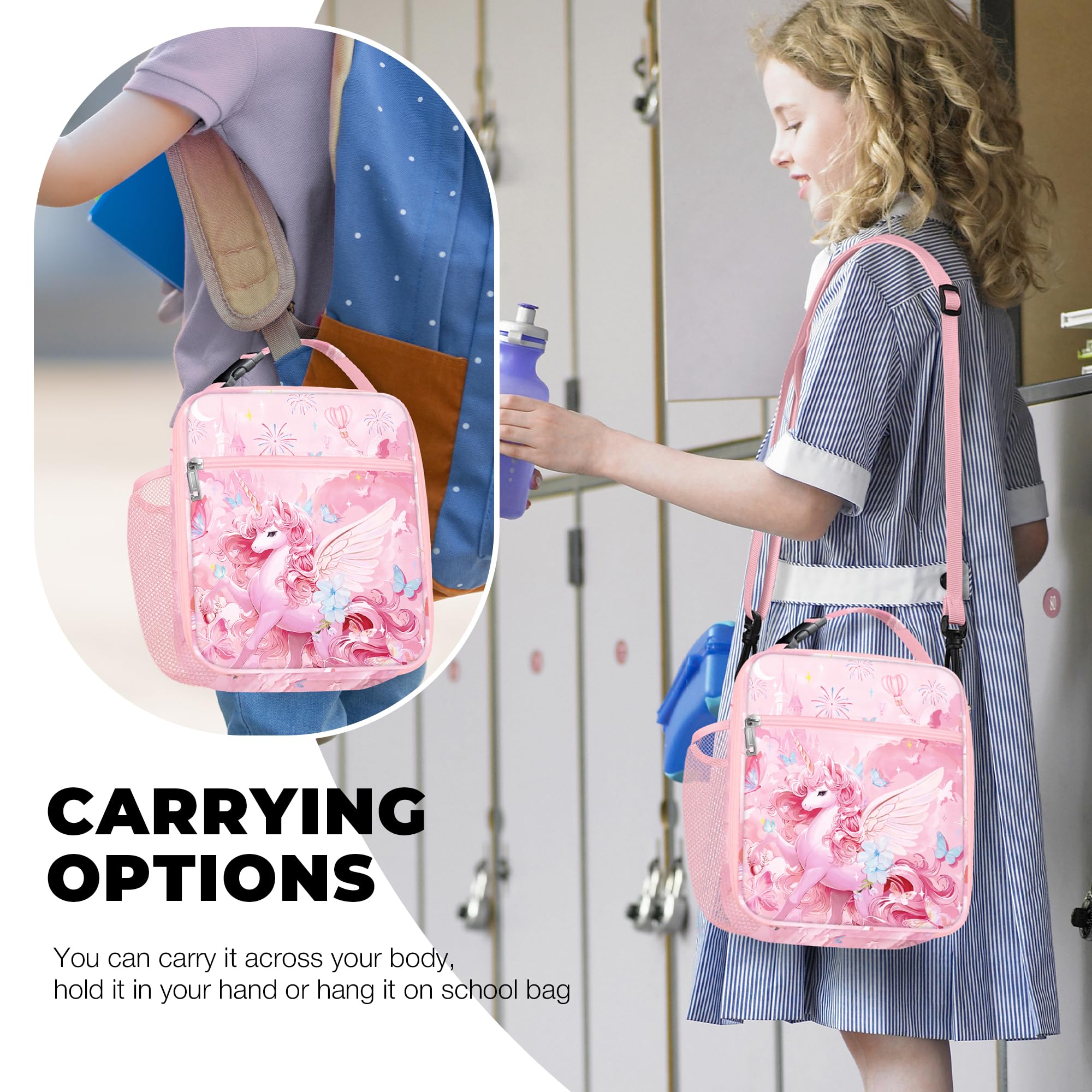 Clastyle Unicorn Insulated Lunch Bag Large Thermal Cooler Bag for Girl Picnic Lunch Box Tote Pink Unicorn Angle - Image 2