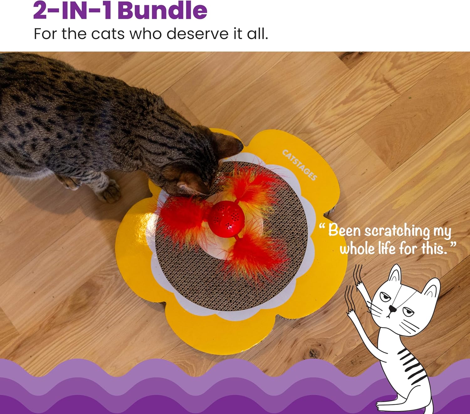 Catstages Daisy Scratch and Spinning Catnip Toy Bundle Cat Scratcher with Topper for Interactive Play, Two Toys in One, Multicolored