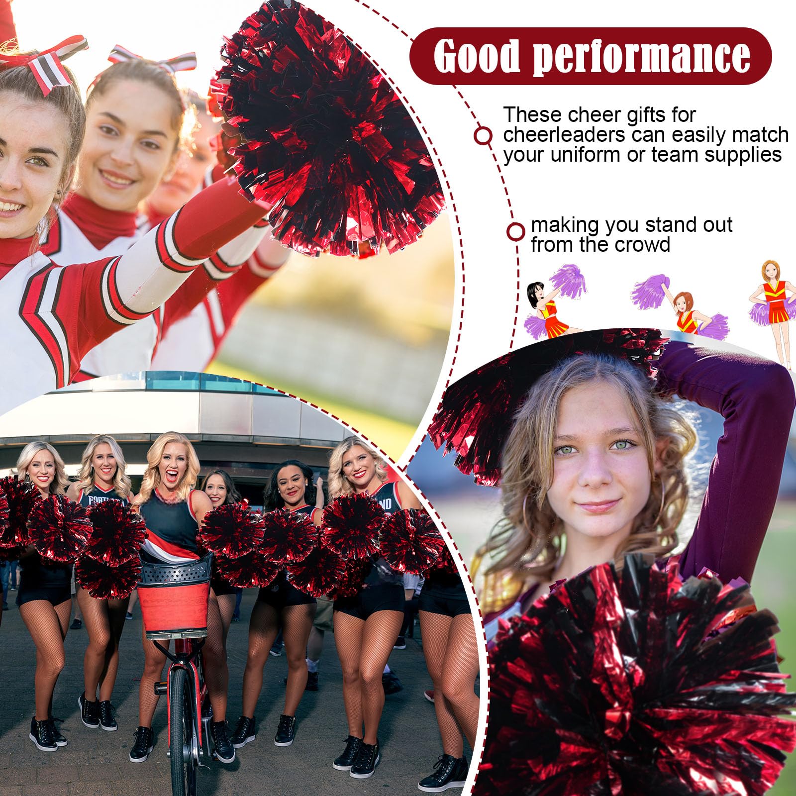 WILLBOND Lot de 12 pompons de pom-pom girl en feuille métallique avec poignée en plastique pour jeu d'esprit, sport, danse, équipe de football (noir et rouge)