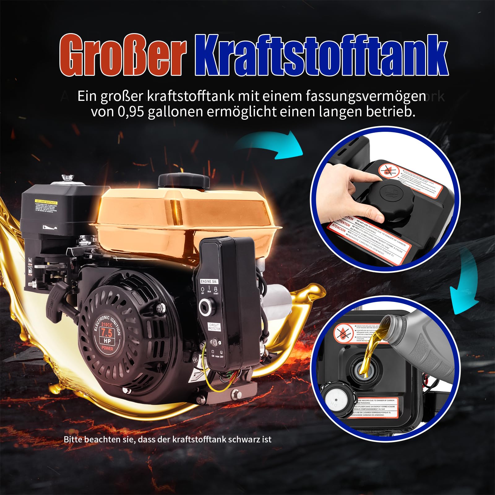 7,5 pk 4-takt benzinemotor staande motor reserve motor industriële motor benzine kartmotor, 5,1 kW / 3600 rpm (25 graden hellende eencilinder, viertakt, OHV, horizontale as, gedwongen luchtkoeling