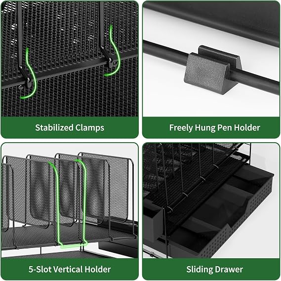 LEKETREE Desk Organizer, Office Organization with Vertical File Holder, File Organizer with Drawer and Pen Holder, Desk Accessories and Workspace Organizers for Home Office (Black)