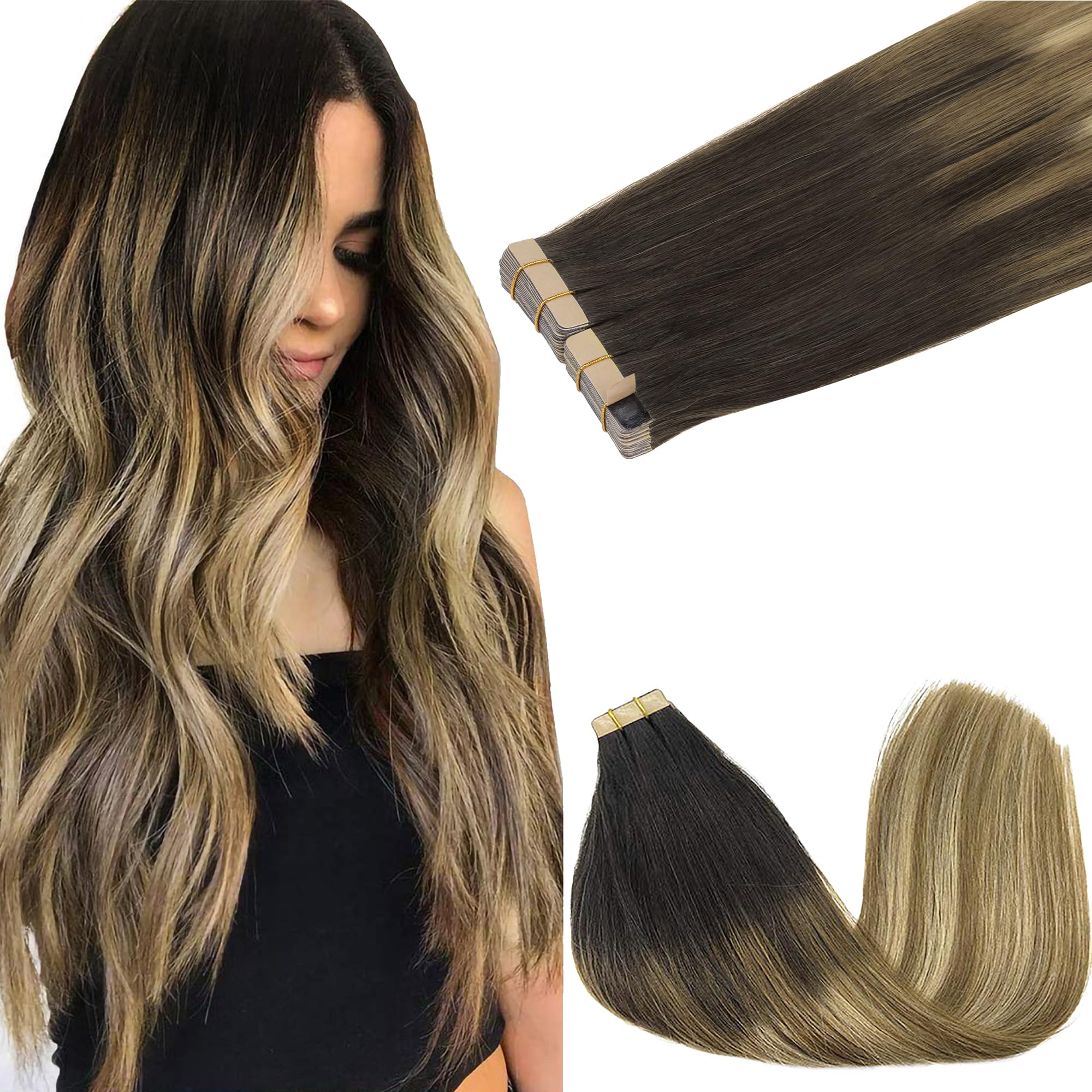 GOO GOO Tape in Hair Extensions Human Hair, 2/6/18 Balayage Brown to Dirty Blonde, 16inch 100g 40pcs, Skin Weft Seamless Invisible, Silky Straight