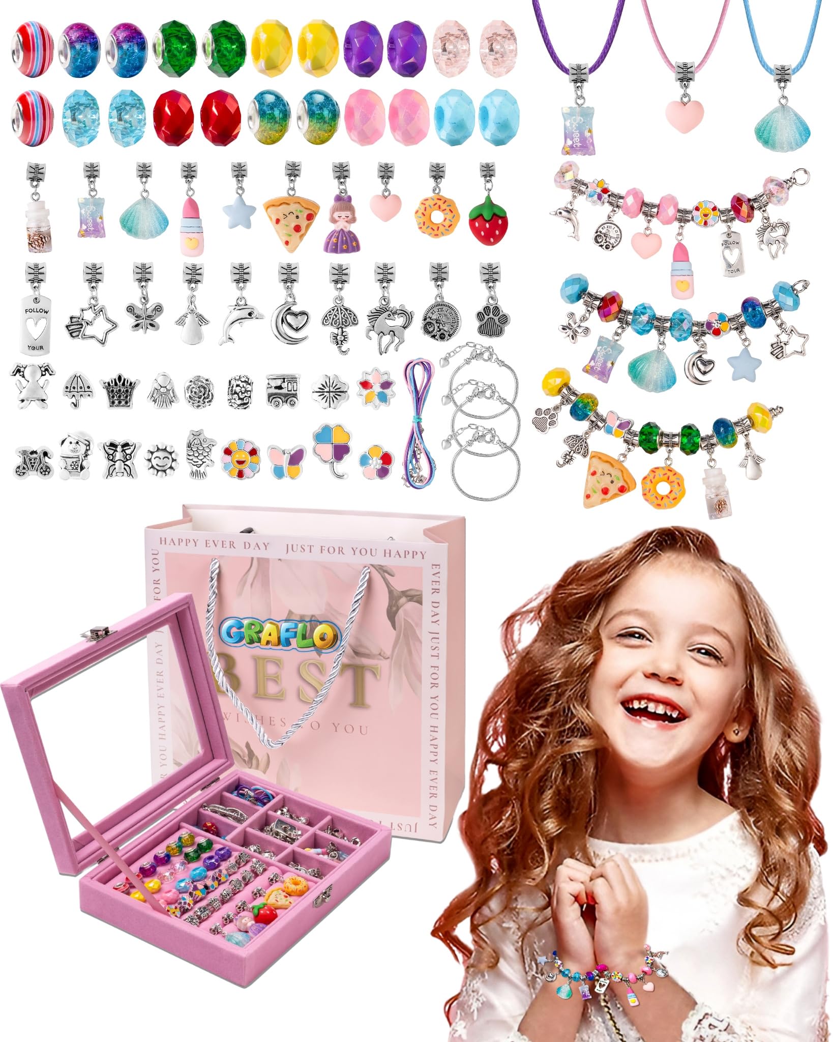 Bracelet Making Kit for Girls, Charm Bracelets Kit with 66pcs Beads with Jewelry Box, Elegant Clay Set for DIY Craft, Learning Toy Gift for Adolescent & Kids, for 6-12 Years Old (Royal Pink)