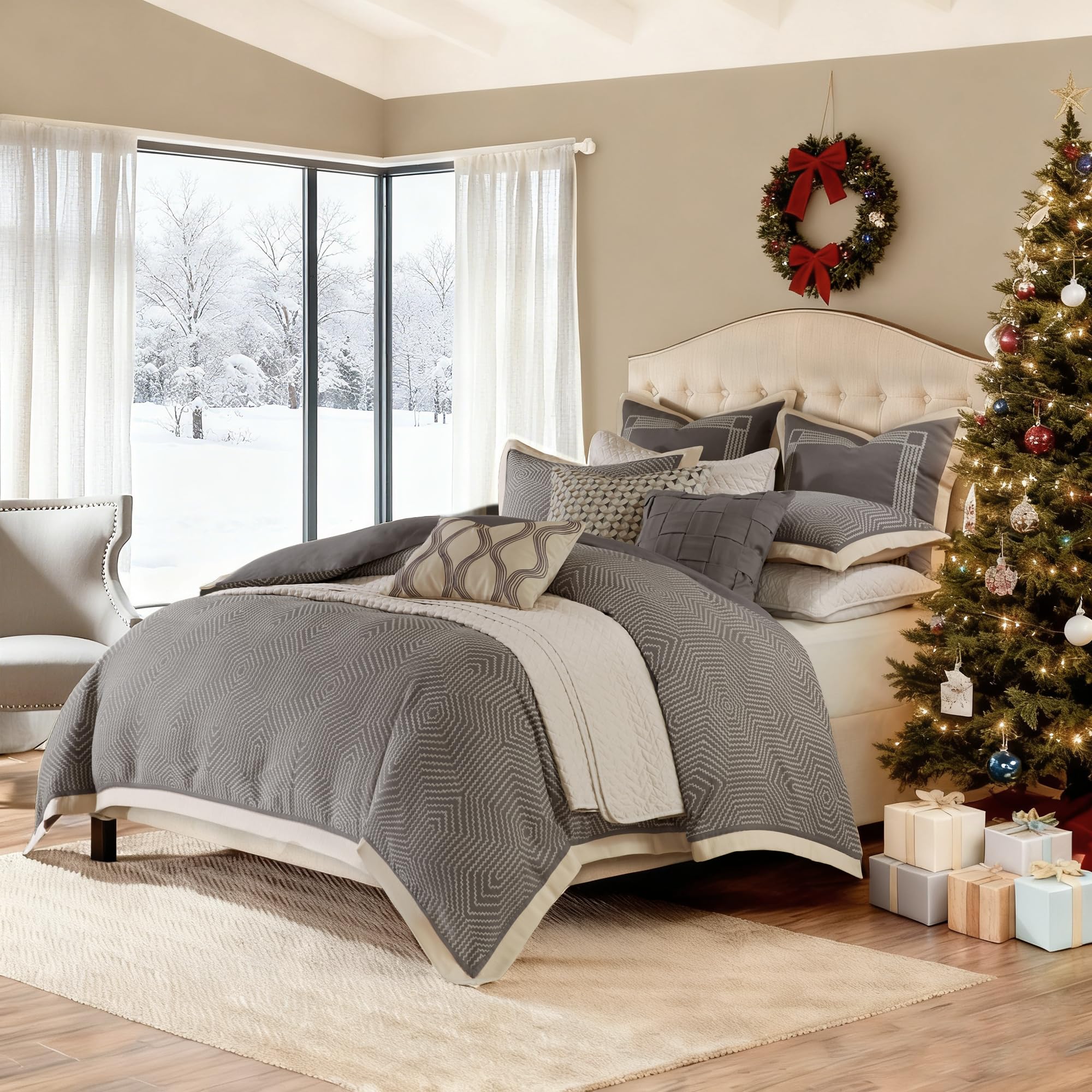 Madison Park Signature Cozy Comforter Set - All Season Bedding Combo Filled Insert and Removable Duvet Cover, Shams, Decorative Pillows, King (110 in x 96 in), Geometric Grey 10 Piece