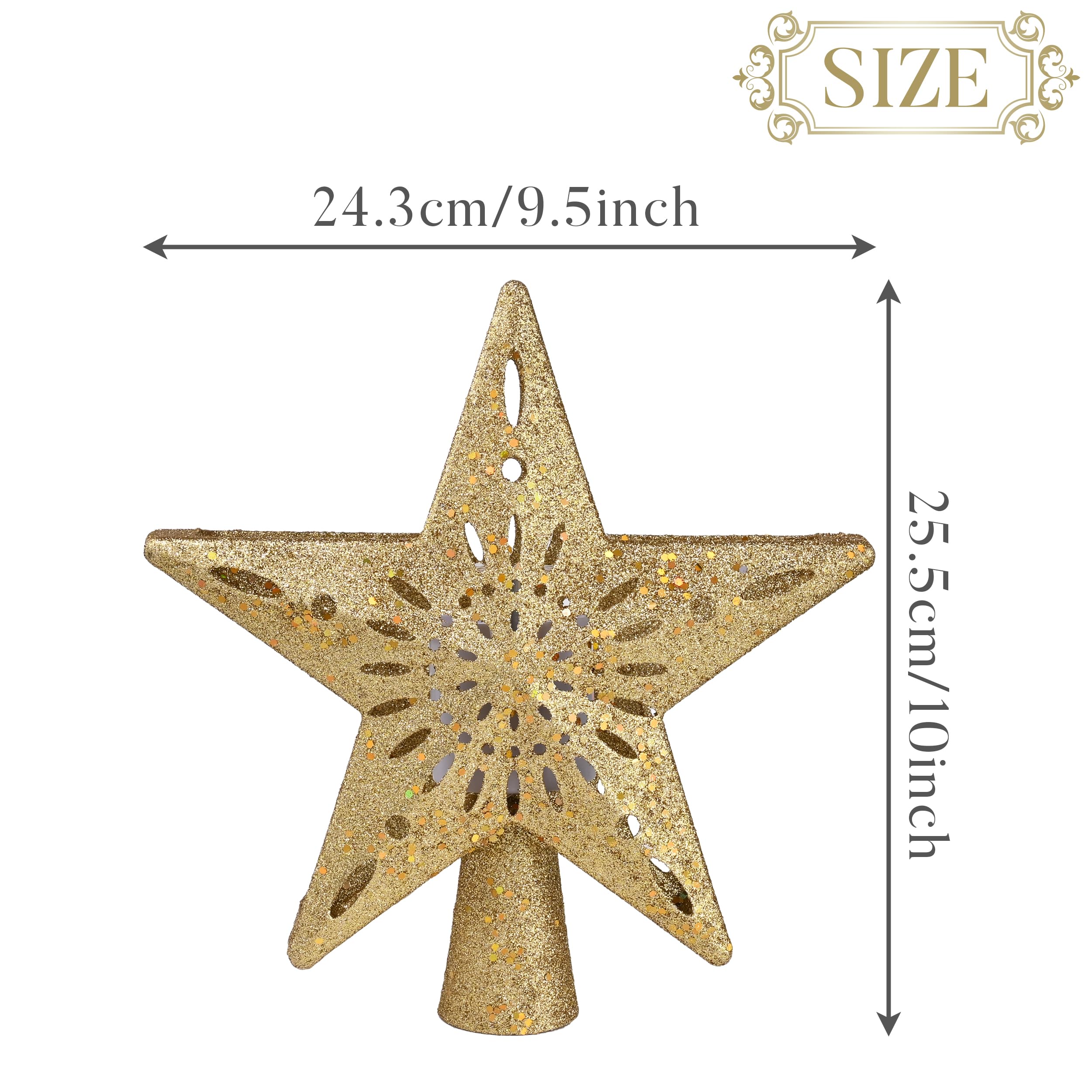 Valery Madelyn Cimier de sapin de Noël en forme d'étoile pour décoration de Noël d'intérieur, 25,4 cm - Flocon de neige amusant en plastique rouge, vert et doré - Minuterie pour projection de lumières