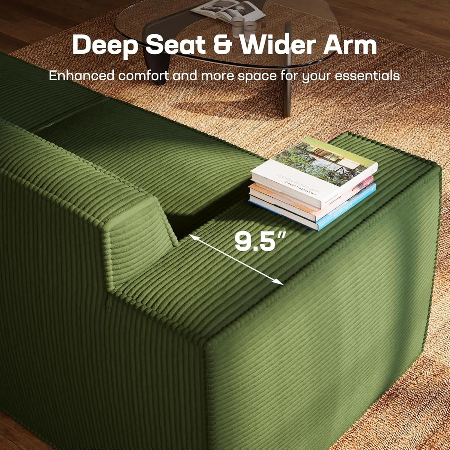 Marsail 111" L-Shaped Modular Sectional Sofa with Removable Ottoman, 4 Seater Corduroy Cloud Boneless Couch with Deep Seat for Living Room, Green