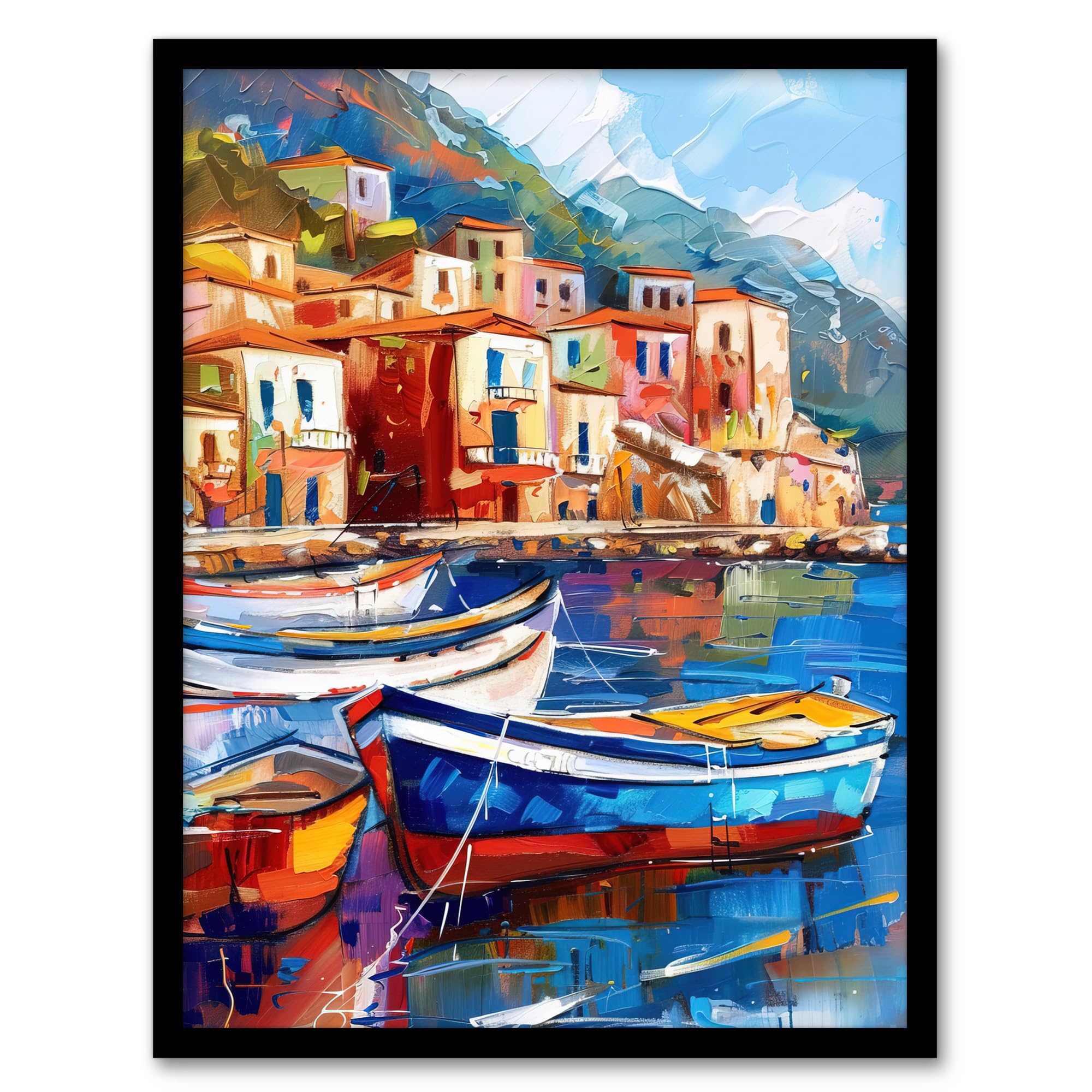 Artery8 Colourful Fishing Village Oil Painting Harbour Living Room Artwork Framed Wall Art Print 18X24 Inch