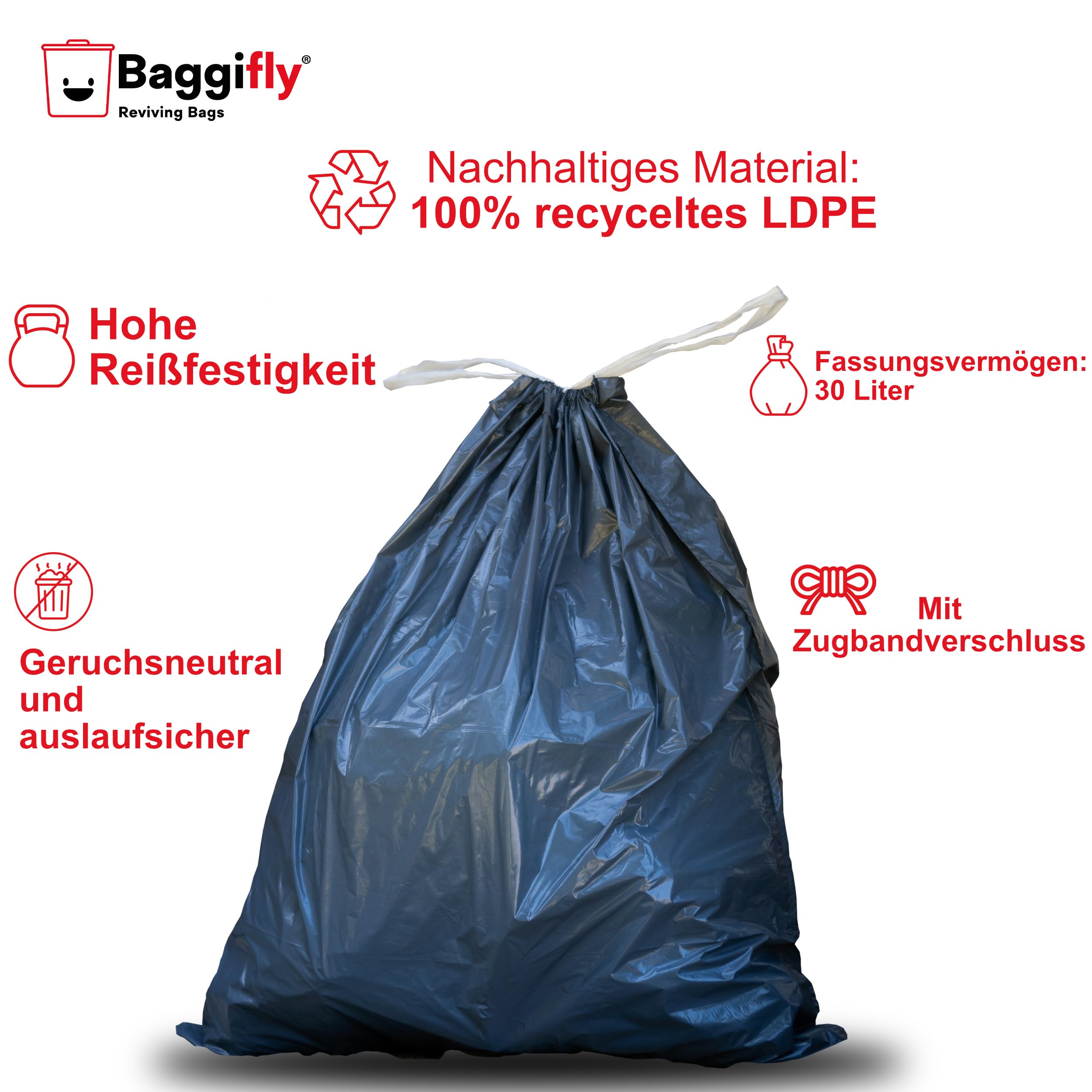 Baggifly, Müllbeutel 30L, 300 Stück, Extra Reißfest, 100% Recycelt, Mit Tragegriffen, Umweltfreundlich, Perfekt für den Haushalt, 10 Rollen à 30 Beutel, In Europa hergestellt