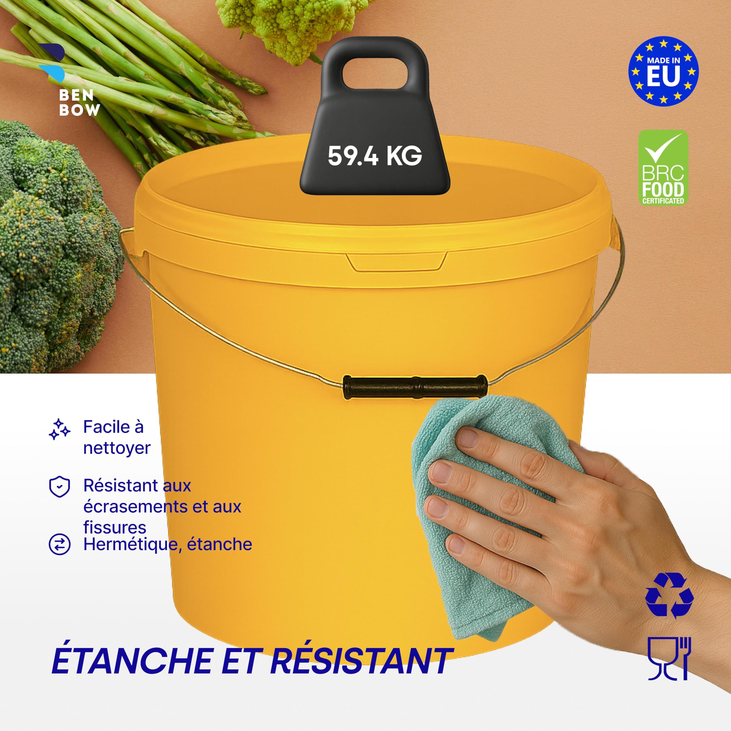 BenBow Seau avec Couvercle 20l Jaune 20x 20 Litre - Convient pour Aliments, atable, étanche à l'air, Anti-Fuite - récipient de Stockage pour Conservation en Plastique, avec Anse en métal - Vide