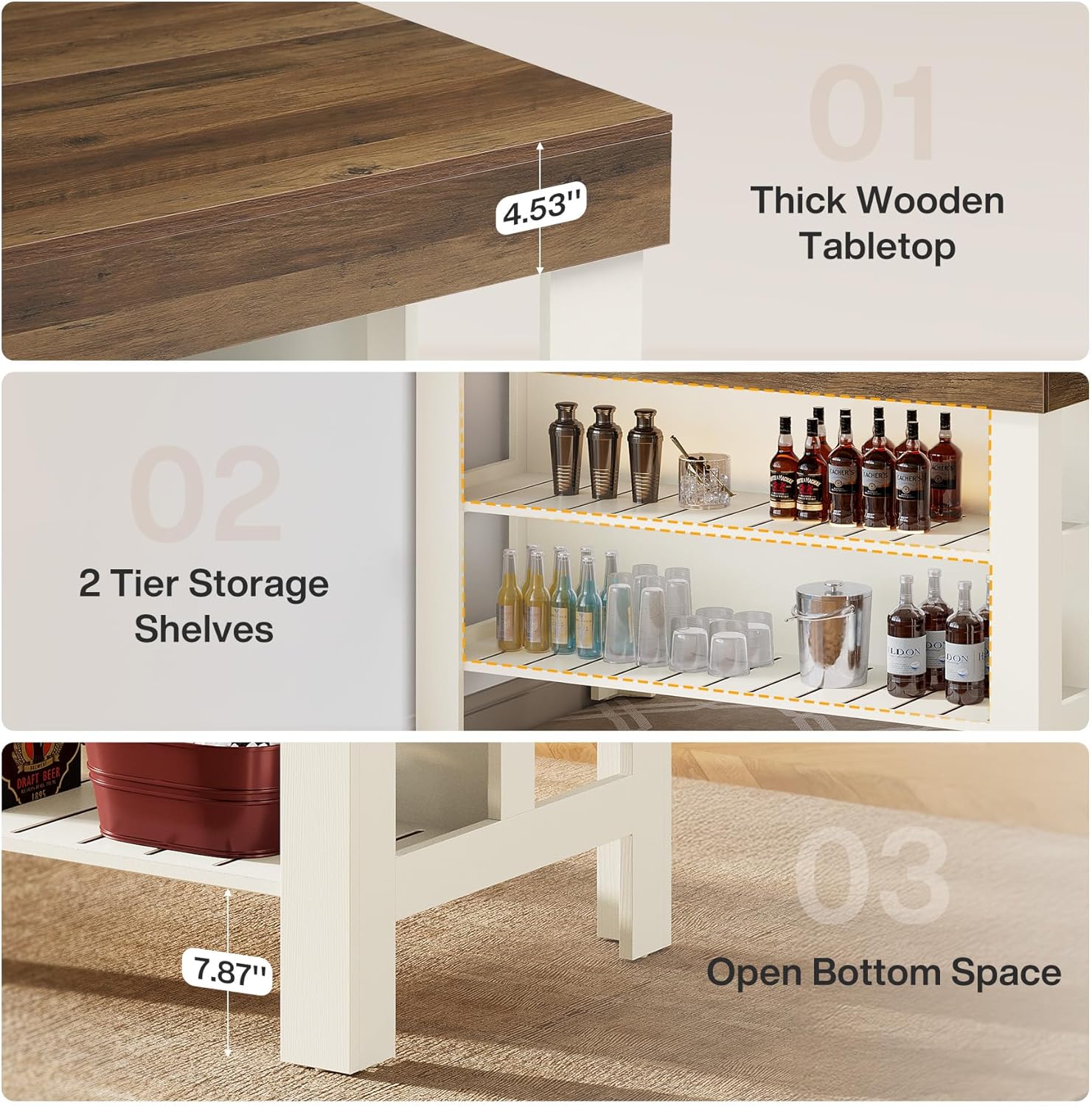 Tribesigns Home Bar Table Unit with Storage Shelves, 55.1-Inch Farmhouse Counter Height Bar Cabinet for Kitchen Dining Room (White and Brown)