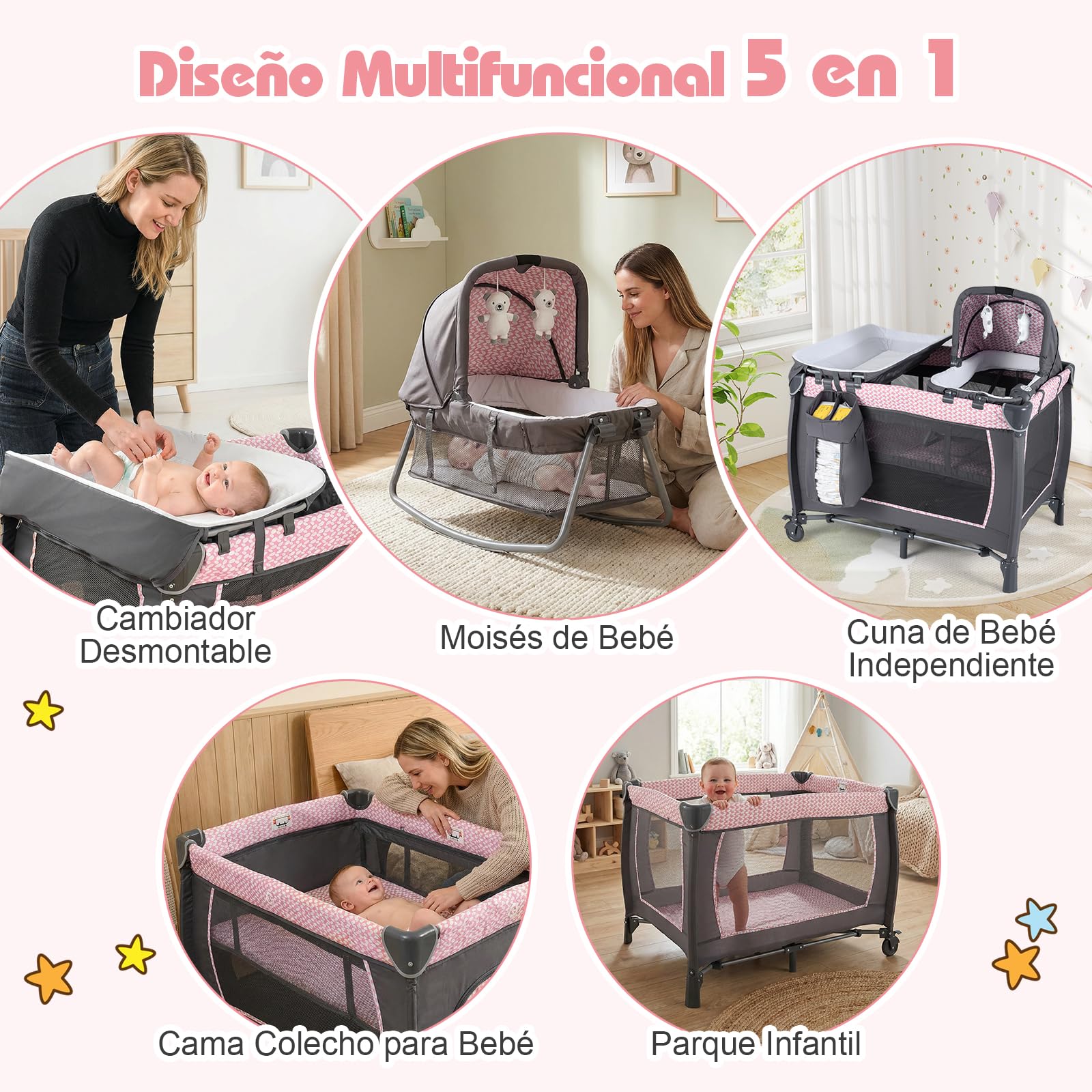 COSTWAY Cuna de Viaje Bebe con Colchón, 5 en 1 Centro de Actividades para Bebés con Cambiador, Cuna para Bebé, 2 Juguetes Colgantes y Caja de Música, Ruedas Móviles y Cesta de Almacenamiento (Rosa)