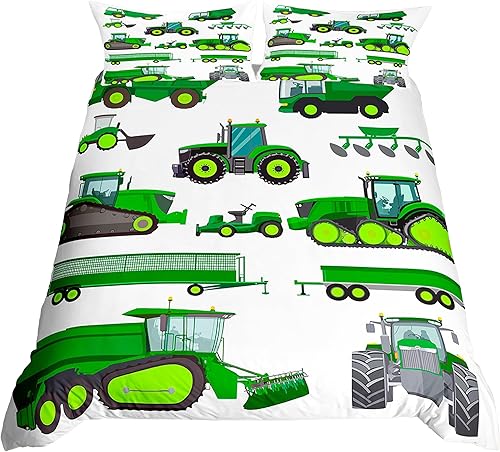 Erosebridal Funda de edredón de camiones de equipos, funda de edredón de excavadoras tamaño twin verde, funda de edredón de vehículos para niños,