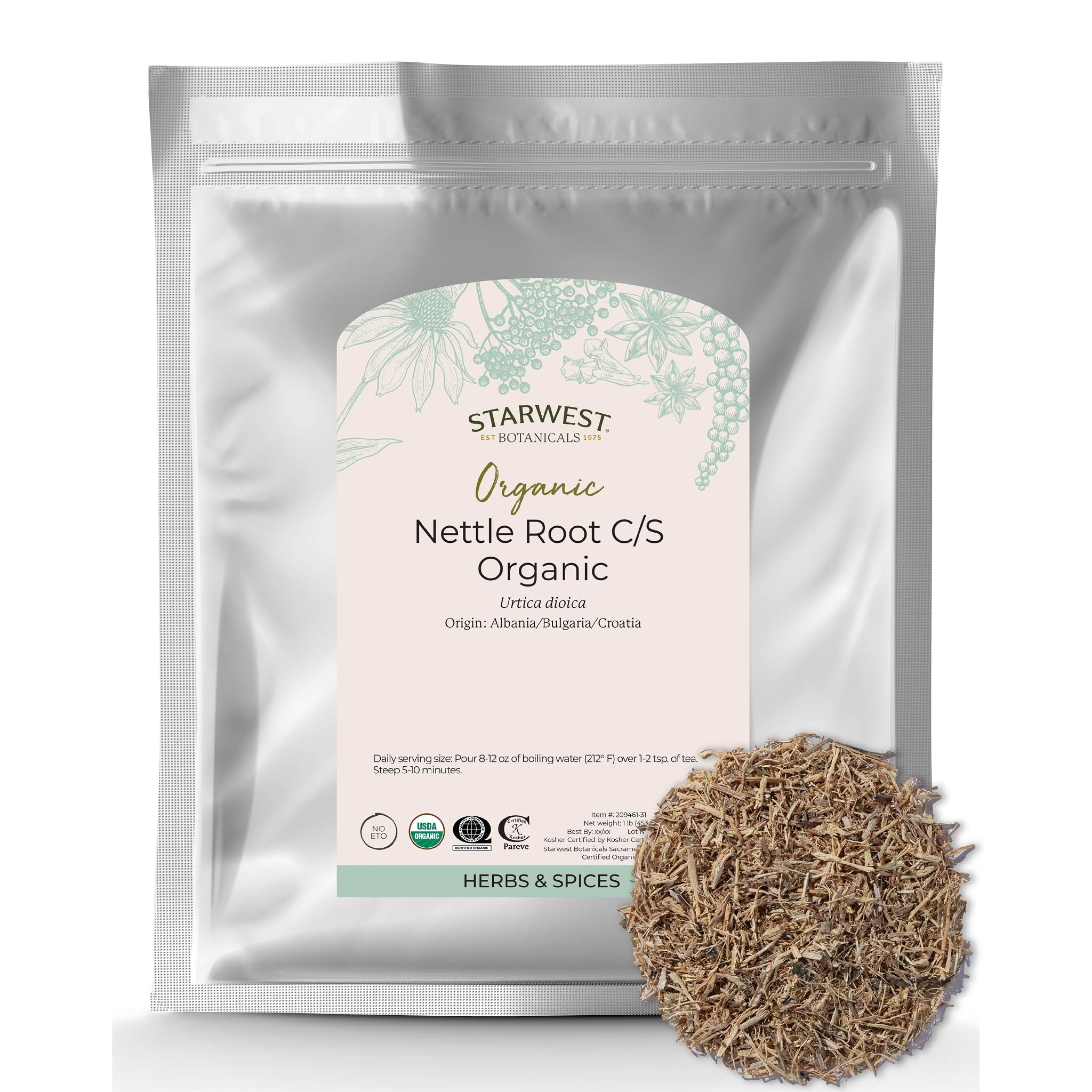 Nettle Root Organic - Dried Stinging Nettle Root, Loose Leaf Herb for Tea, Soups, Stews, & Broths, Urtica Dioica, Cut & Sifted, Certified Kosher, Non-GMO - Bulk 1 lb Bag