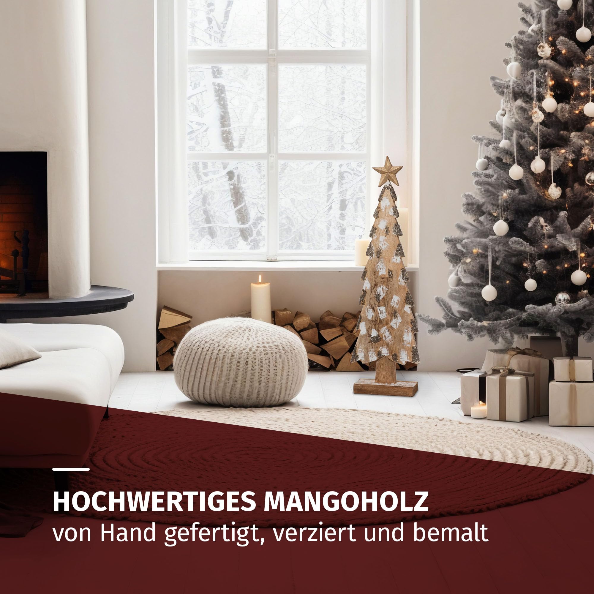 Moritz Dekoracja bożonarodzeniowa drewniana choinka 84 cm z drewna mango, ręcznie malowana ze złotą gwiazdą i brokatem, naturalny wygląd drewna, na stół, komodę lub parapet, zimowa figurka dekoracyjna
