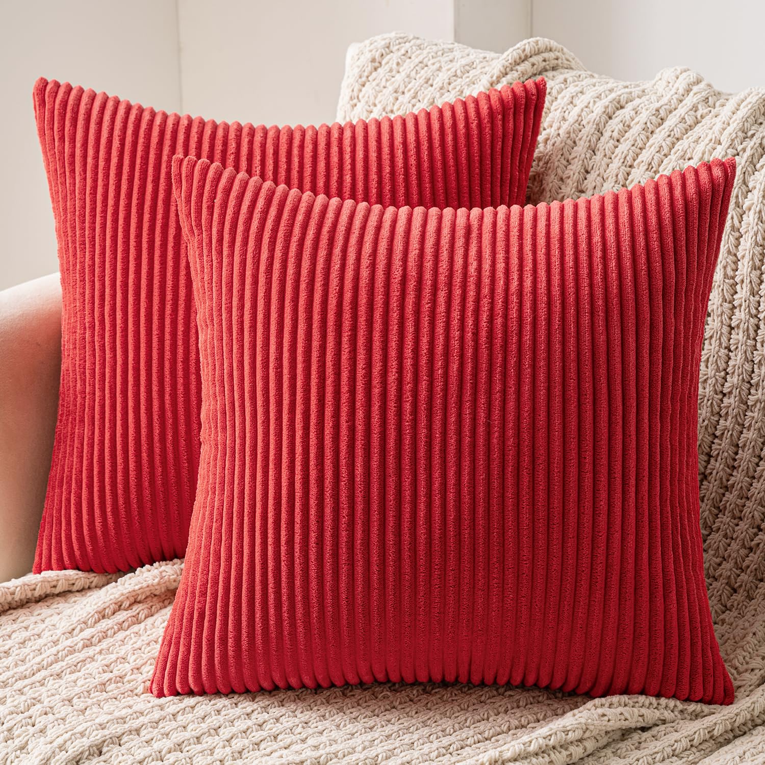 Miulee Red Set Of 2 Striped Corduroy Square Throw Pillow Case Soft Cushion Cover Sham Home For Sofa Chair Couch/Bedroom Decorative Fluffy Large Pillowcases 18X18 Inch 45X45cm