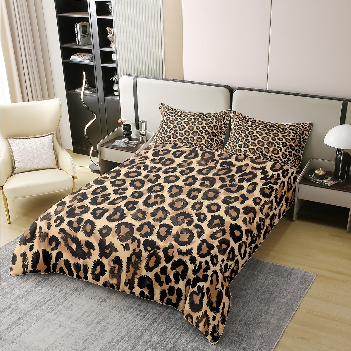 Loussiesd Leopard 100% Baumwolle Bettwäsche Set 135x200cm Gepard Bettbezug Tier Druck Safari Betten Tier Pelz für Kinder Jungen Mädchen Braun Bettwäsche-Set Atmungsaktiv Weich