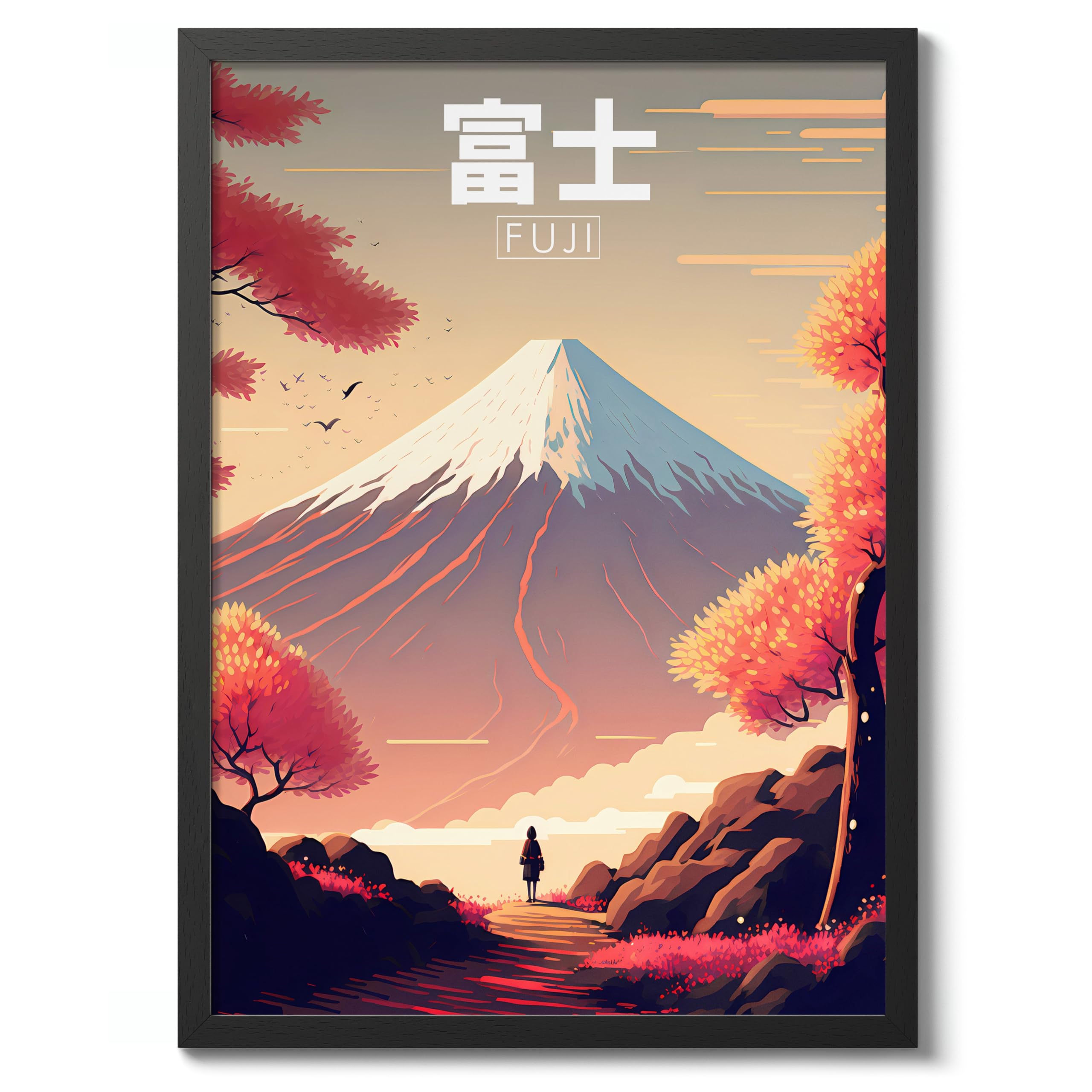 Mount Fuji Anime Woodblock Poster Modern Ukiyo-E, Cartoon Print, Japanese Illustration Wall Art Bedroom Home Decor, 50x70cm (Black Frame) - 53x73cm โ image 1