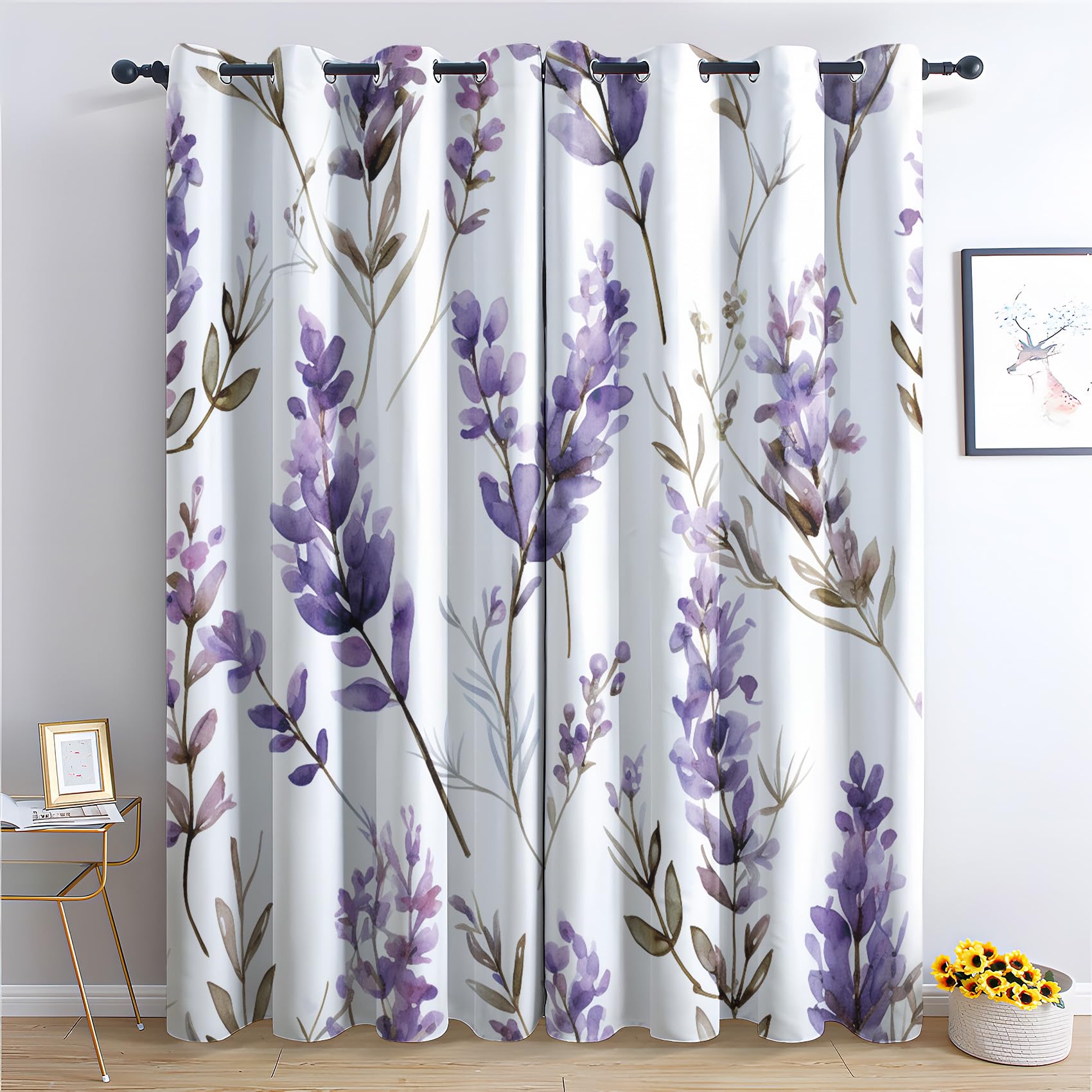 MOBEITI Lavender Curtains, Purple Floral Blackout Curtains 84 Inches Long, Flower Curtains for Bedroom Living Room Decor, Thermal Insulated Grommet
