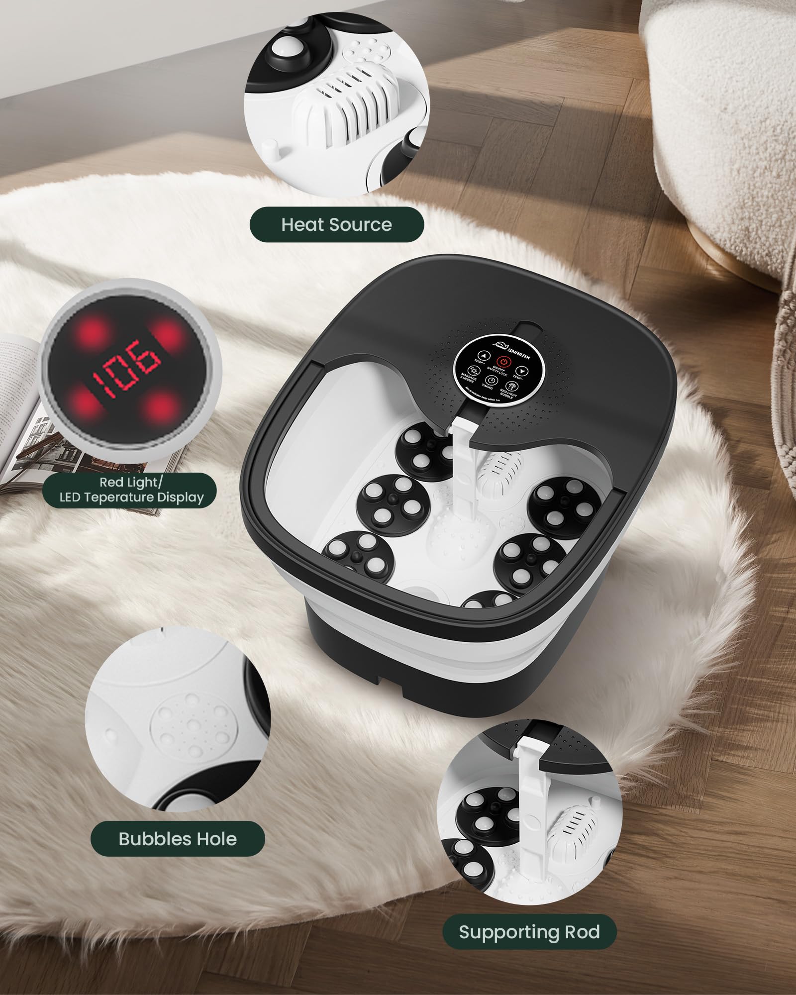 Snailax Bañera Spa Masajeador de pies con calor, Mando a distancia, Rodillos de masaje Shiatsu, Burbujas, Control de temperatura, Plegable, Bañera para pedicura, Regalos