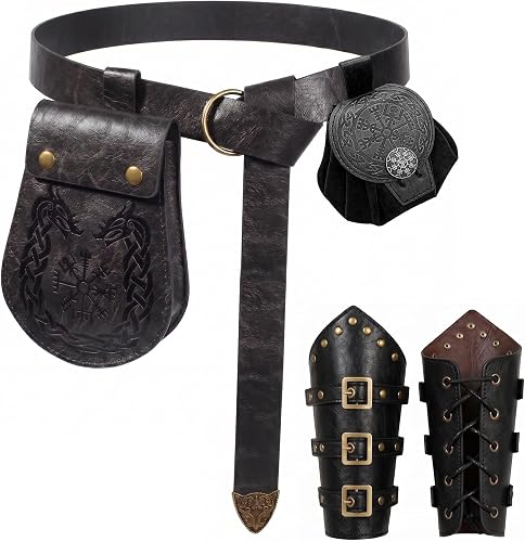 Medieval Bracers Waist Belt Viking Belt Pouch Set, Renaissance LARP Cosplay Accessories Vintage Waist Bag Costume