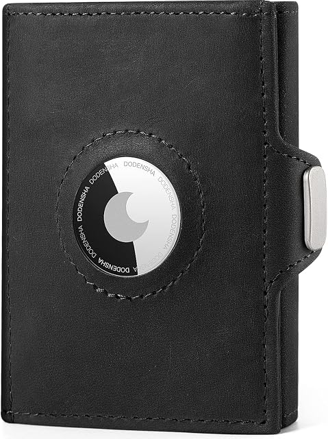 DODENSHA AirTag Wallet, Credit Card Holder Slim Wallet RFID Blocking Genuine Leather Minimalist Wallet with Banknote Compartments, ID Window, Coin Pocket & Snap Closure Men Wallets with Gift Box