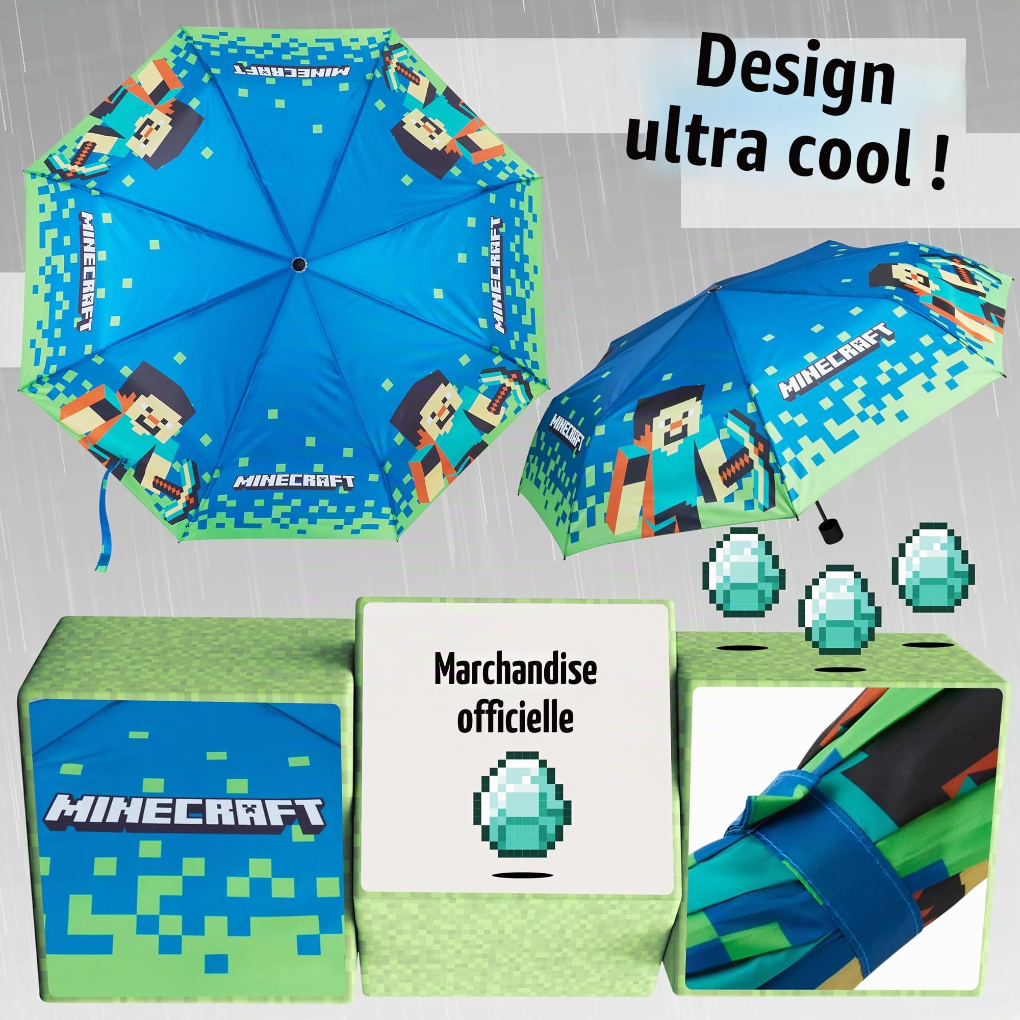 Minecraft Parapluie Pliant pour Enfant - Parapluie Télescopique Léger (Bleu/Vert)