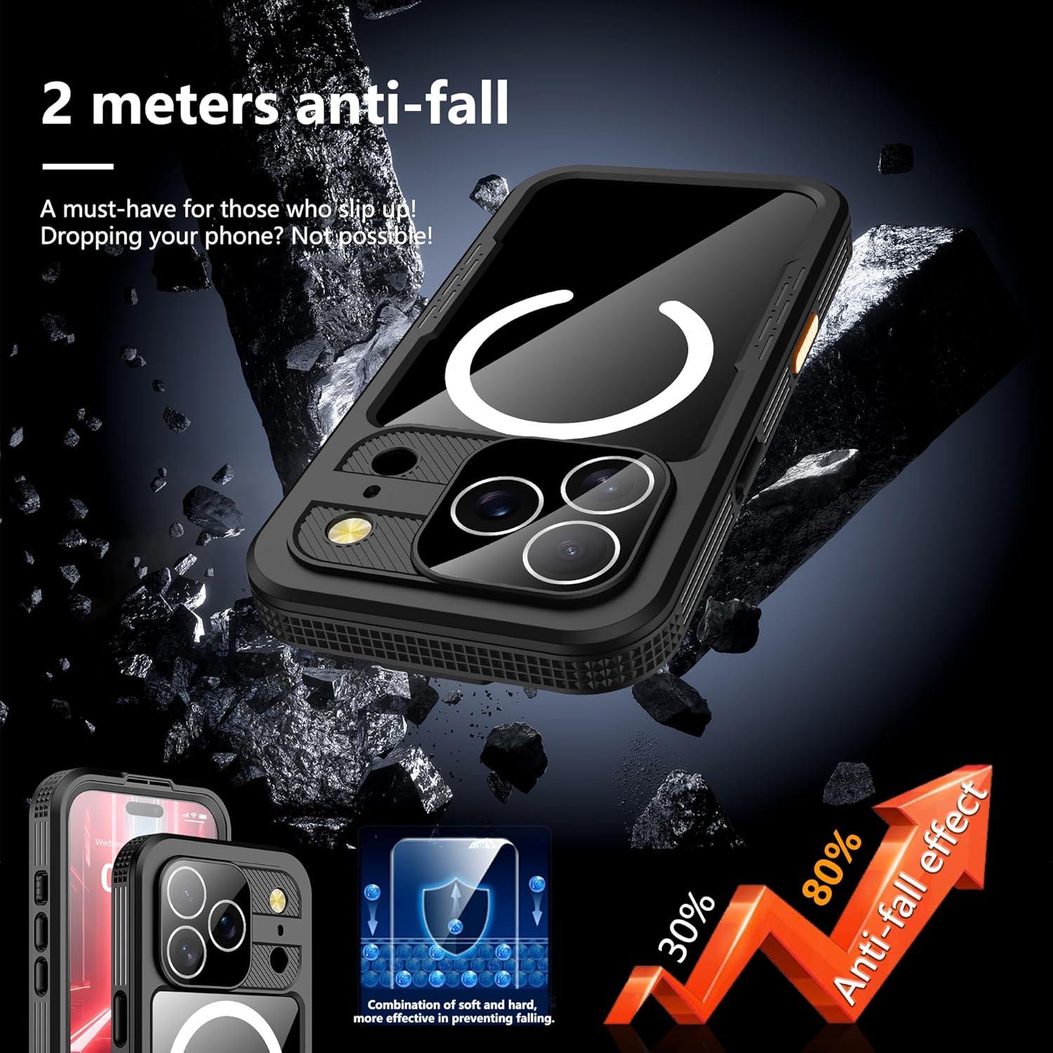 GOLDJU Magnetic for iPhone 17 Pro Case-Waterproof, Built-in Screen & Camera Protector-IP68 Underwater Full Body 16FT Military Dropproof Shockproof Case for 17 Pro 6.3''- Black - Image 2