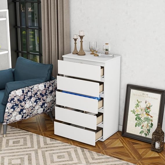 Modern Chest of Drawers, 4/5/6 Drawer Dresser Without Handles Floor Storage Drawer Cabinet Vertical Dresser Storage Organizer for Home Office(5 Drawers, White)