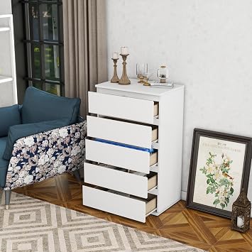 Modern Chest of Drawers, 4/5/6 Drawer Dresser Without Handles Floor Storage Drawer Cabinet Vertical Dresser Storage Organizer for Home Office(5 Drawers, White)