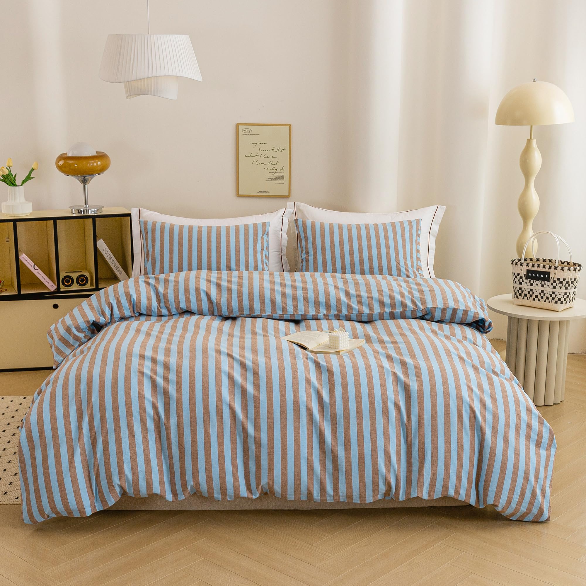ECOCOTT Cotton 3 Pcs Duvet Cover Set Linen Feel Blue Brown Striped King