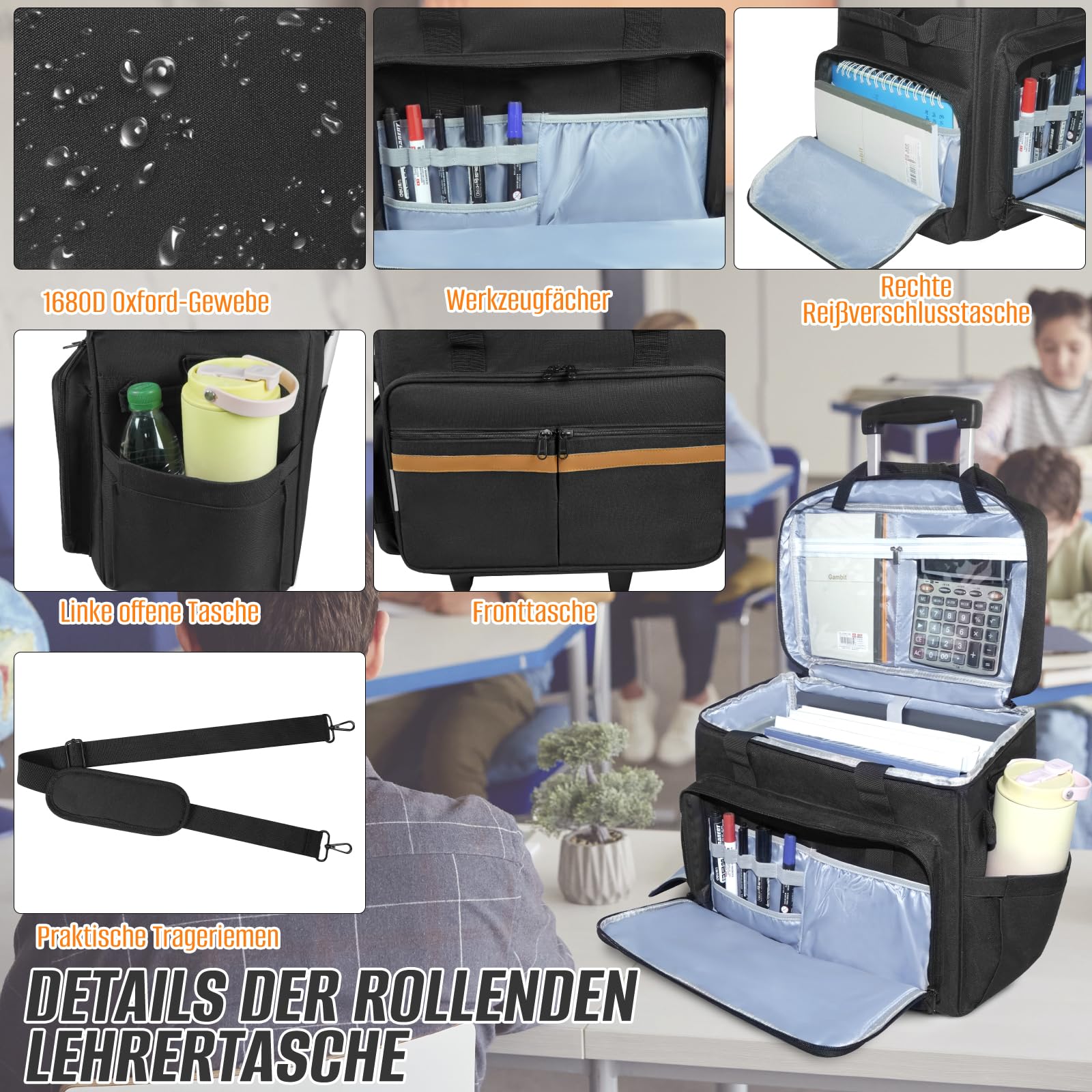 SUNDOY Rolling - Bolsa de Trabajo para Profesores con Compartimento expandible, para Profesores de hasta 17,3 Pulgadas, Negro+marrón, 42x23x35-ZM, Pata de Gallo