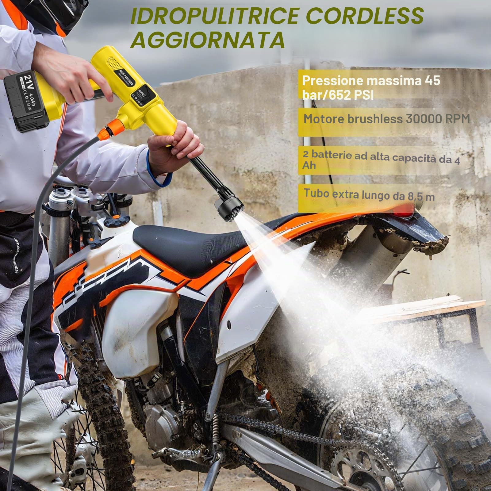 TOPALL Idropulitrice a Batteria,Pistola Idropulitrice Portatile,High Pressure Cleaner,Max da 45 Bar,con 2 * 4000mAH Batterie | Tubo da 8.5M | 6 in 1 Ugello | Rotante Ugello,per Auto,Giardino