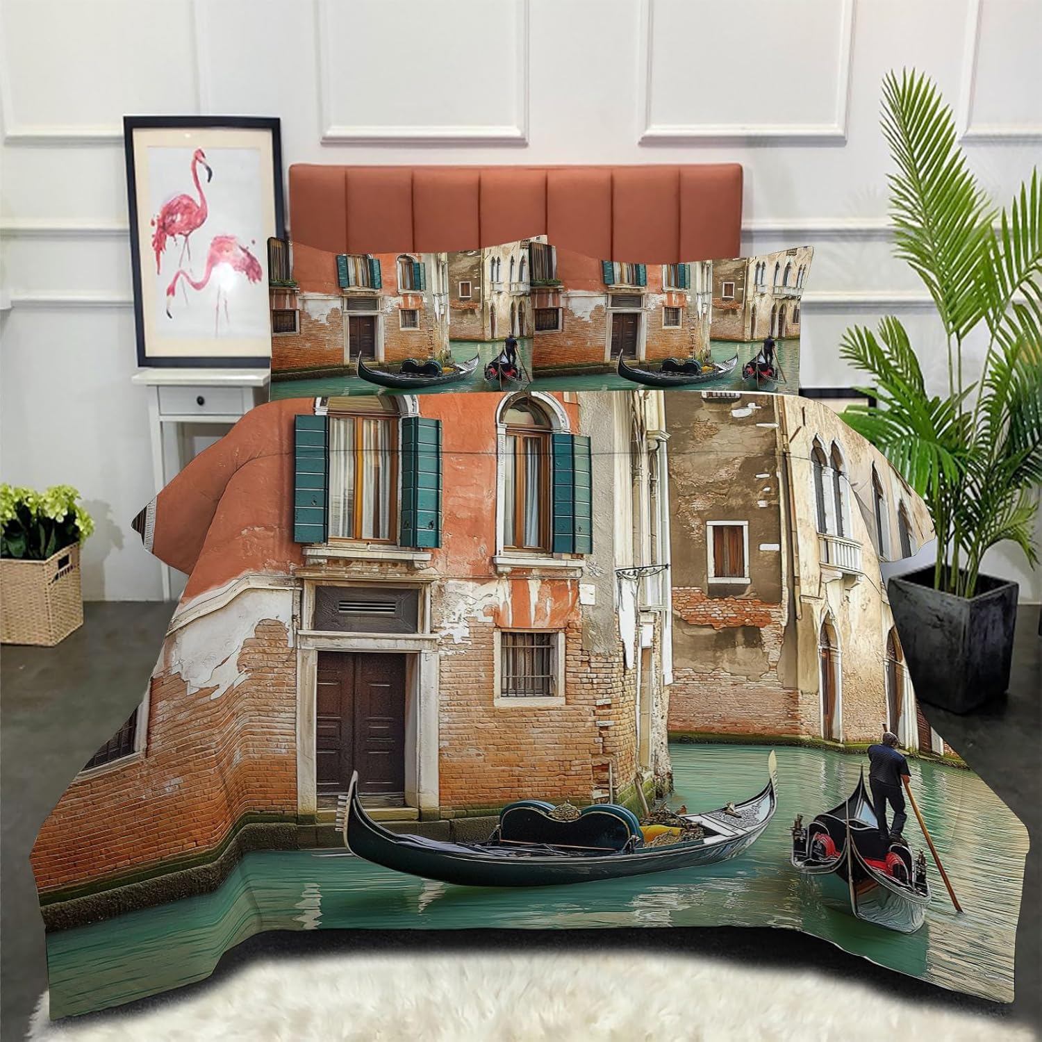 3D Venice Canals Comforter Set Twin Size Bedding Set Country Style All Season Down Comforter Printed Quilted with 2 Pillow Shams for Kids, Teens, Adults 68 x 86in Brick Red