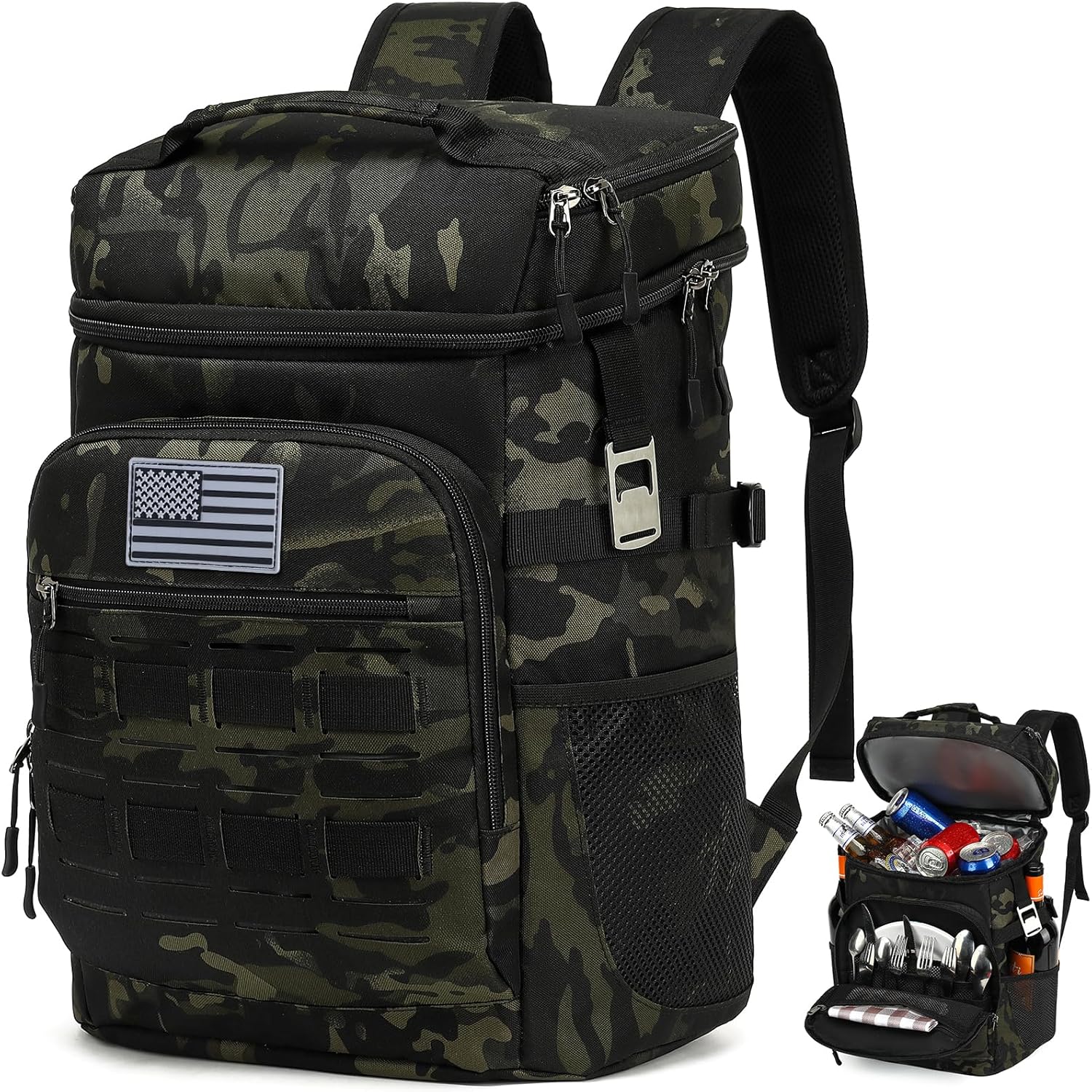 Tactical Insulated Cooler Backpack 40 Cans Double Deck Coolers Bag for Men Women Lightweight Leakproof Lunch Backpack with 2 Compartment Picnic Backpack for Work, Beach, Camping, Hiking