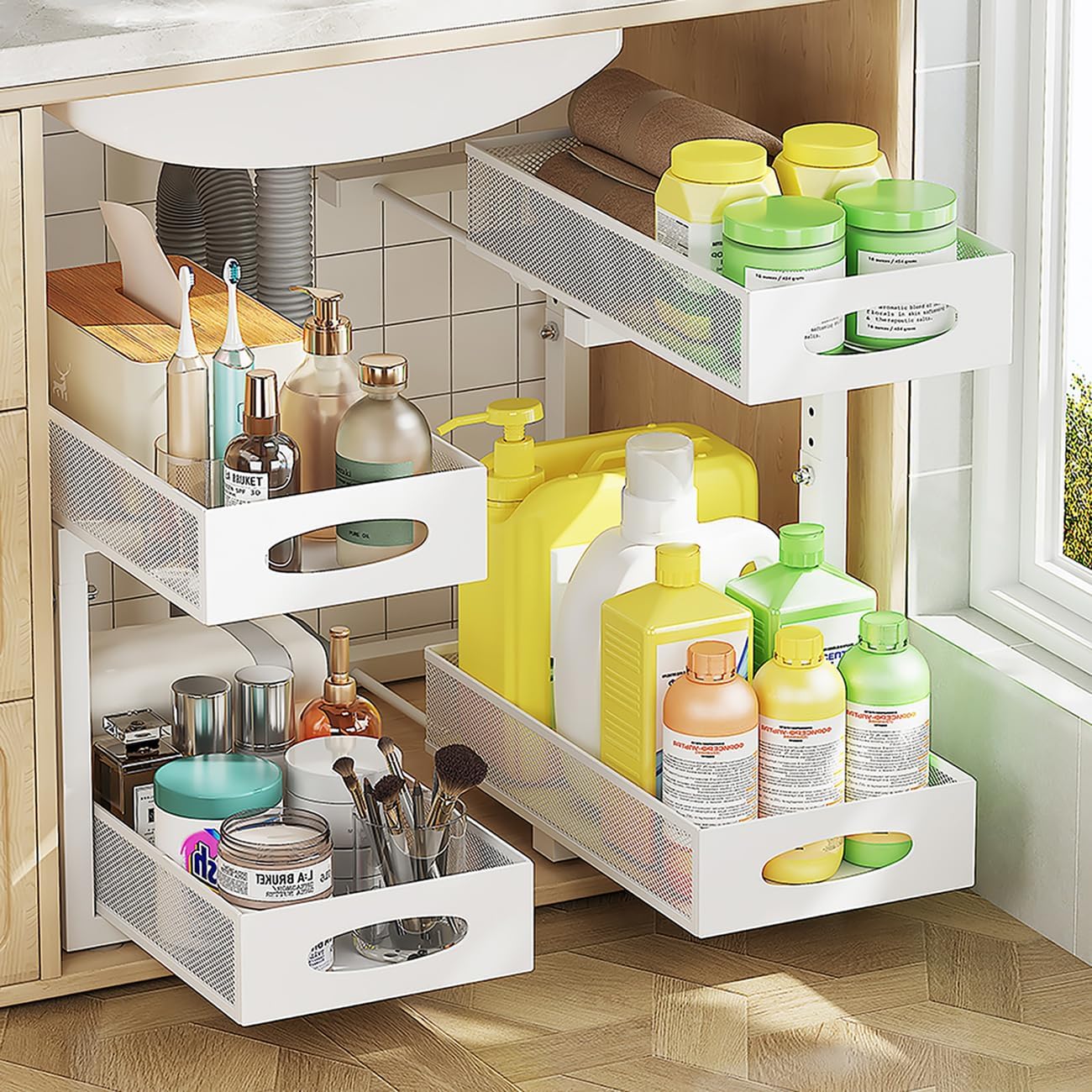 2 Pack Under Sink Organizer and Storage, 2 Tier Pull Out Sliding Cabinet Shelf, 5-Level Height Adjustable Thickened Carbon Steel Storage Rack for Kitchen Bathroom Cabinet,White